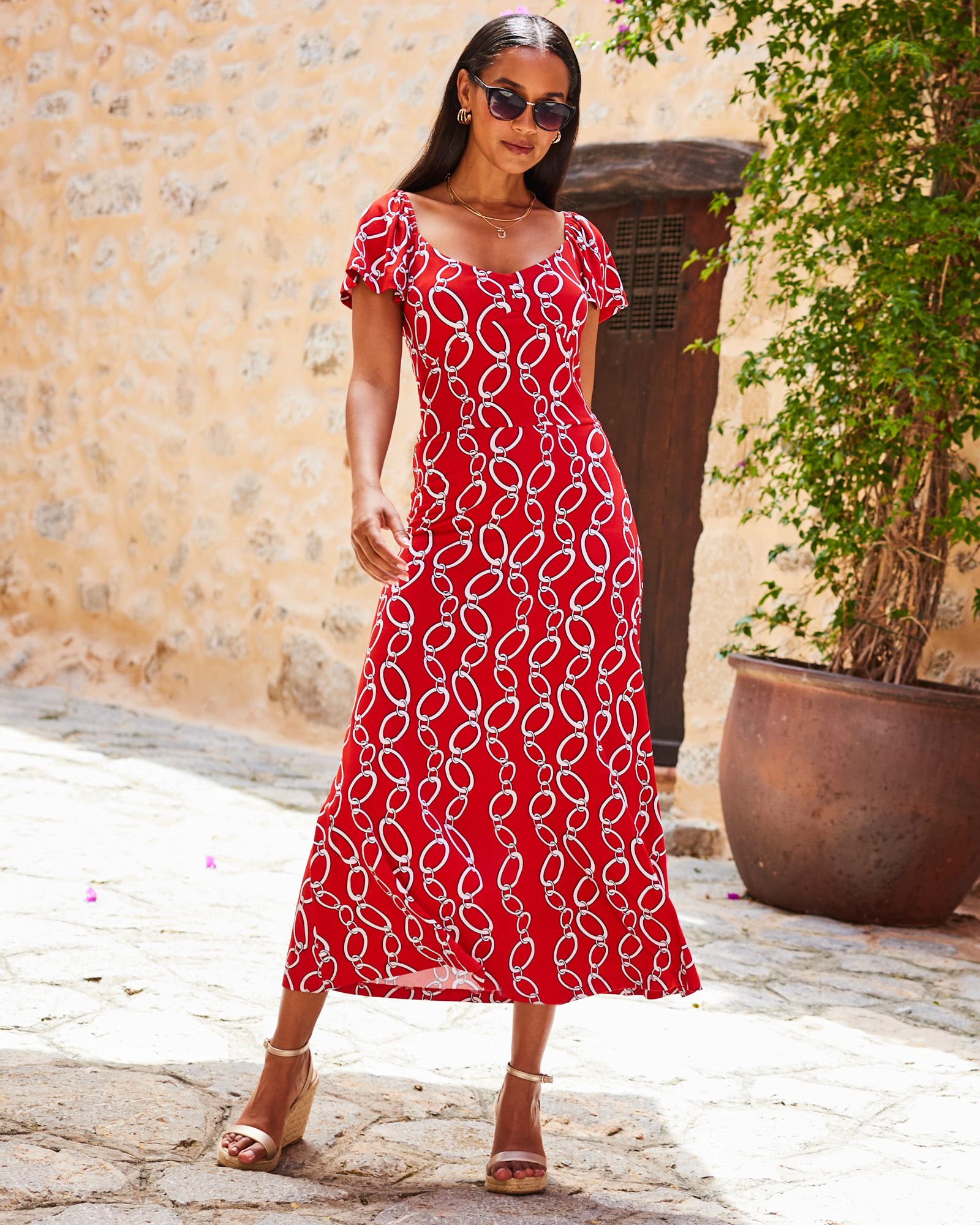 Chain Print Angel Sleeve Fit & Flare Midi Jersey Dress