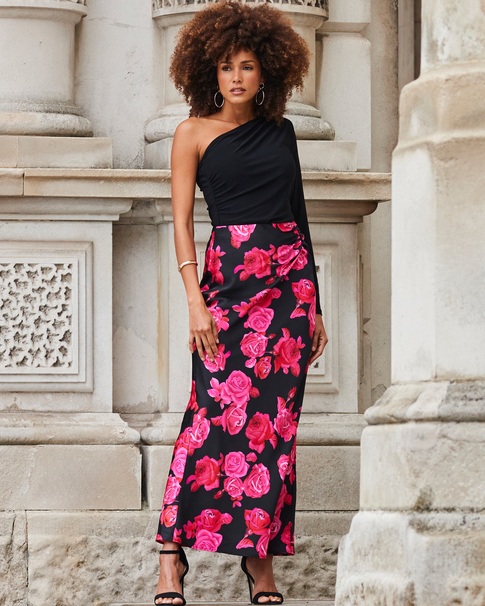 Floral Print Ruched Detail Satin Maxi Skirt