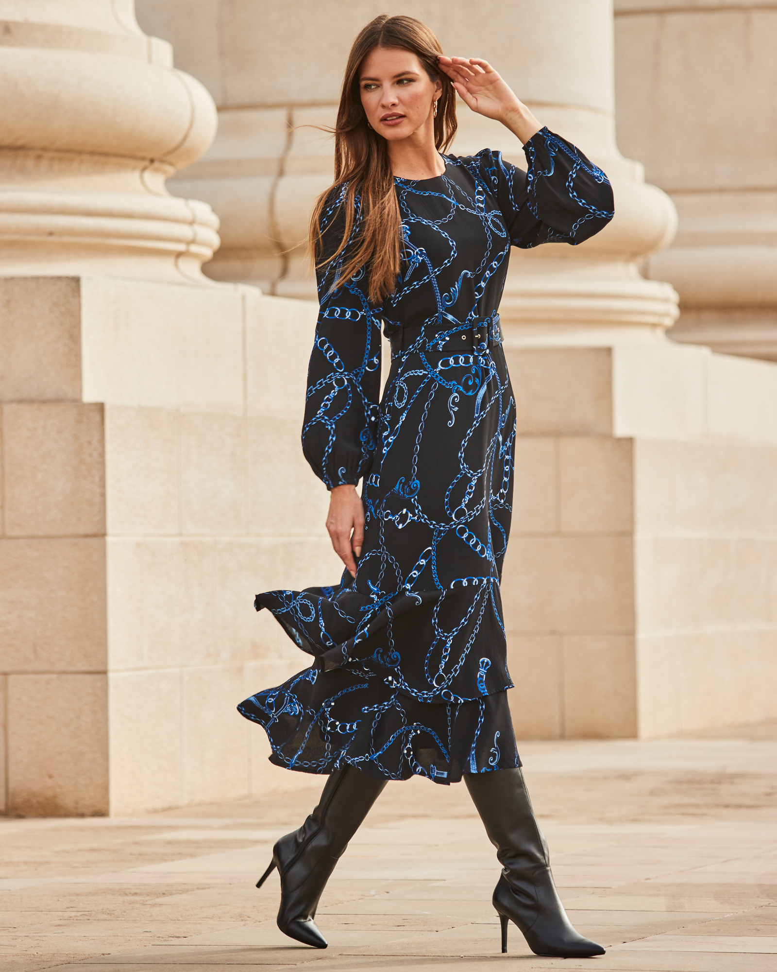Chain Print Ruffle Hem Fit & Flare Dress