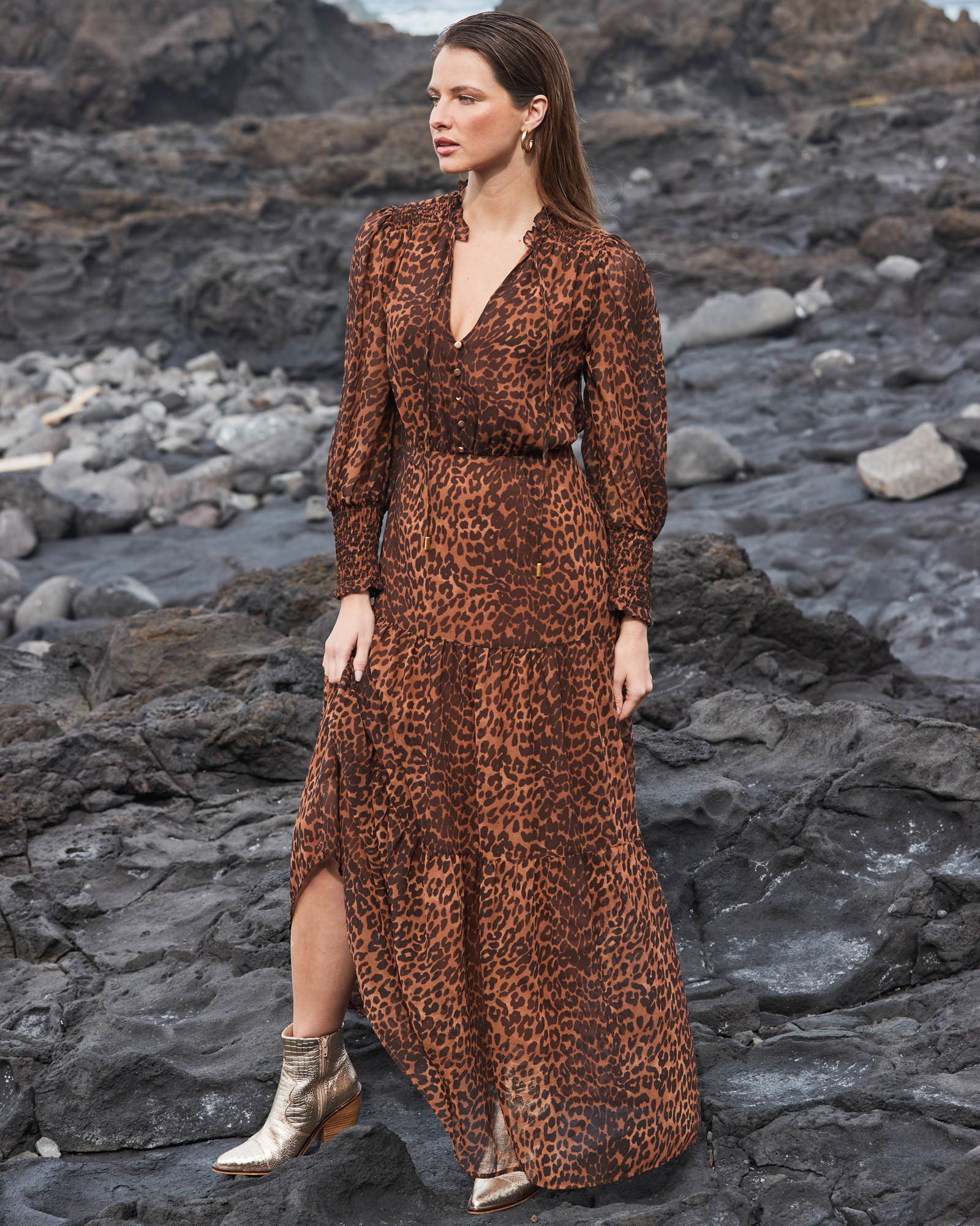 Leopard Print Button Front Tiered Maxi Dress