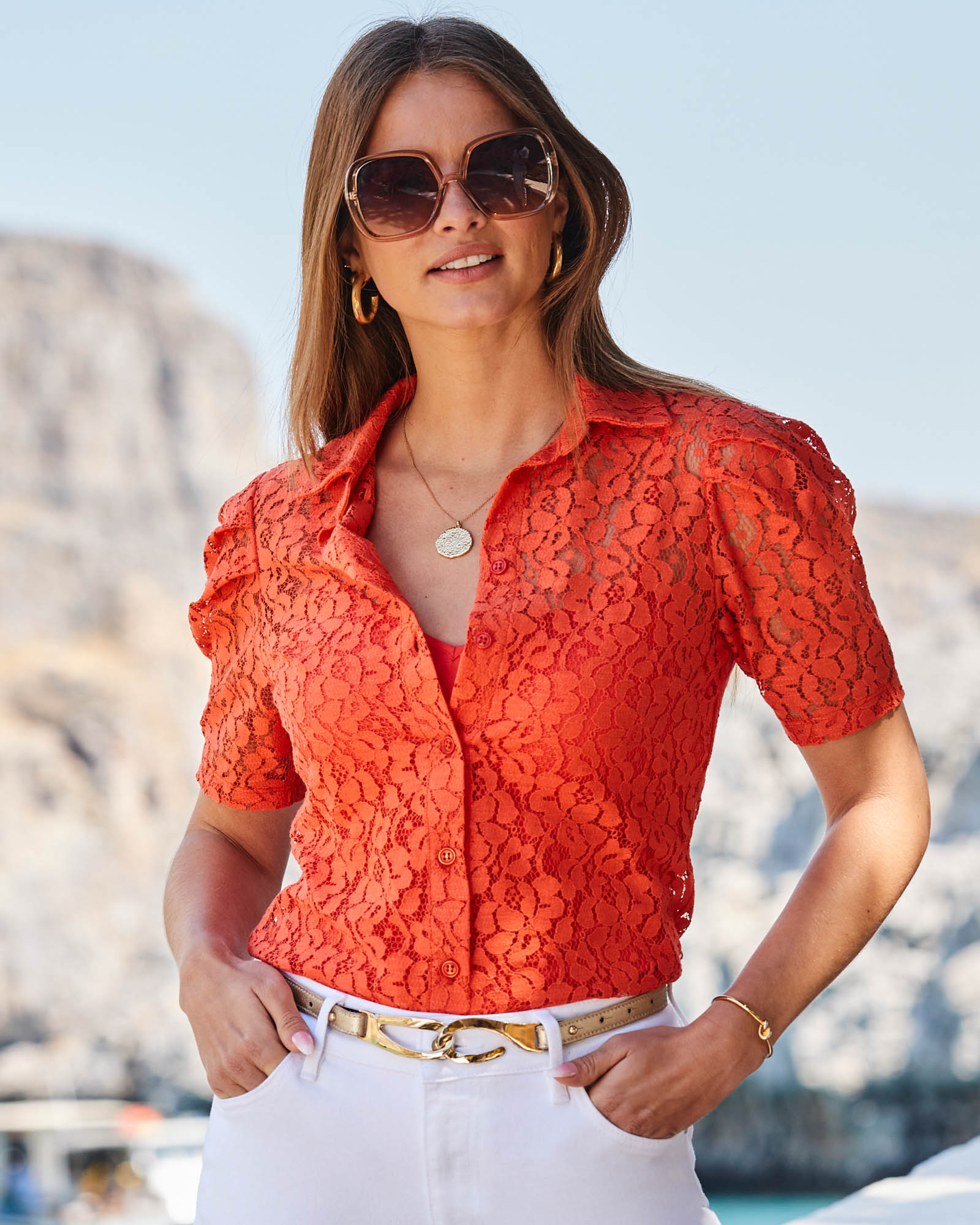 Short Puff Sleeve Lace Shirt