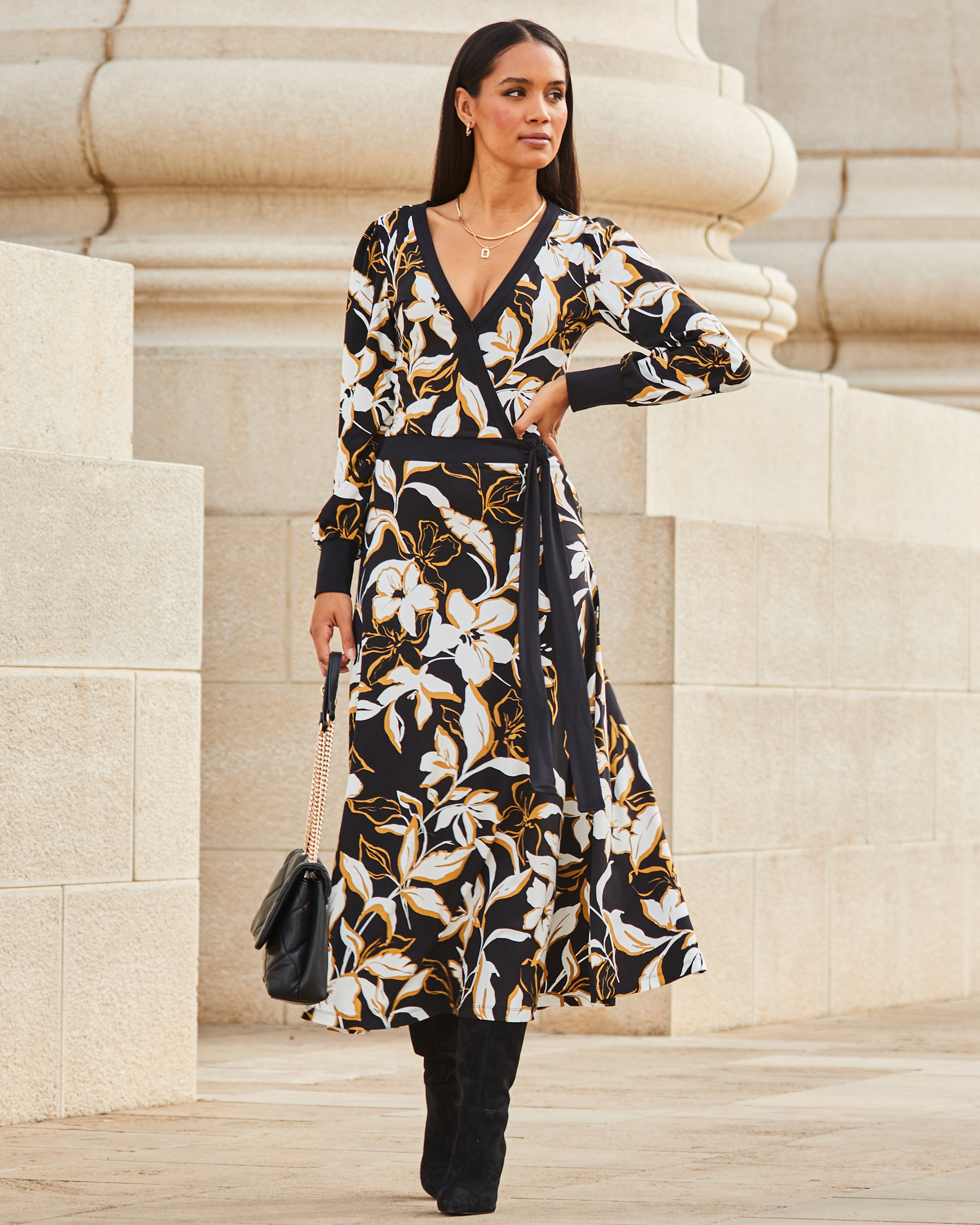 Floral Print Contrast Trim Midi Wrap Dress