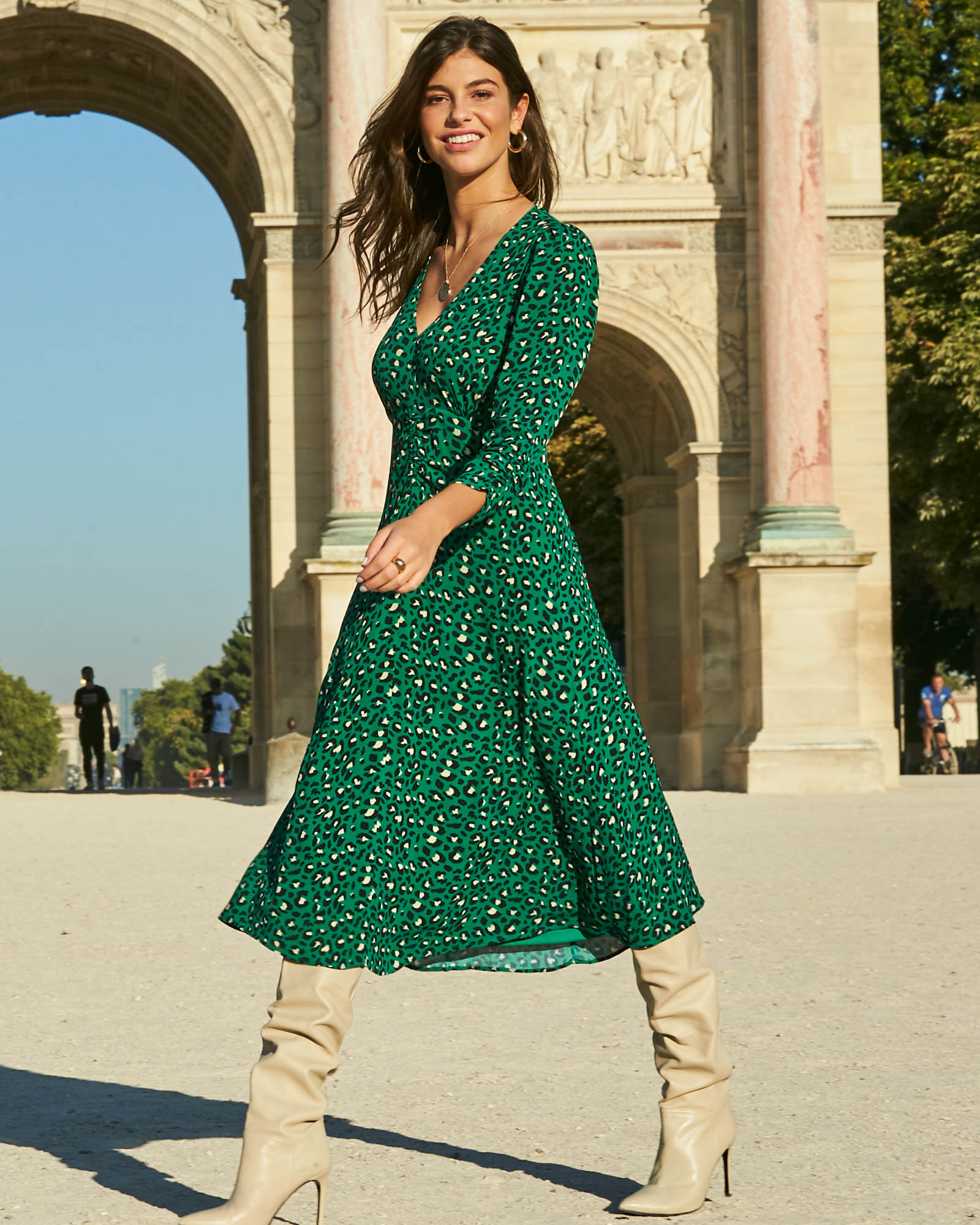 Animal Print Ruched Front Midi Dress
