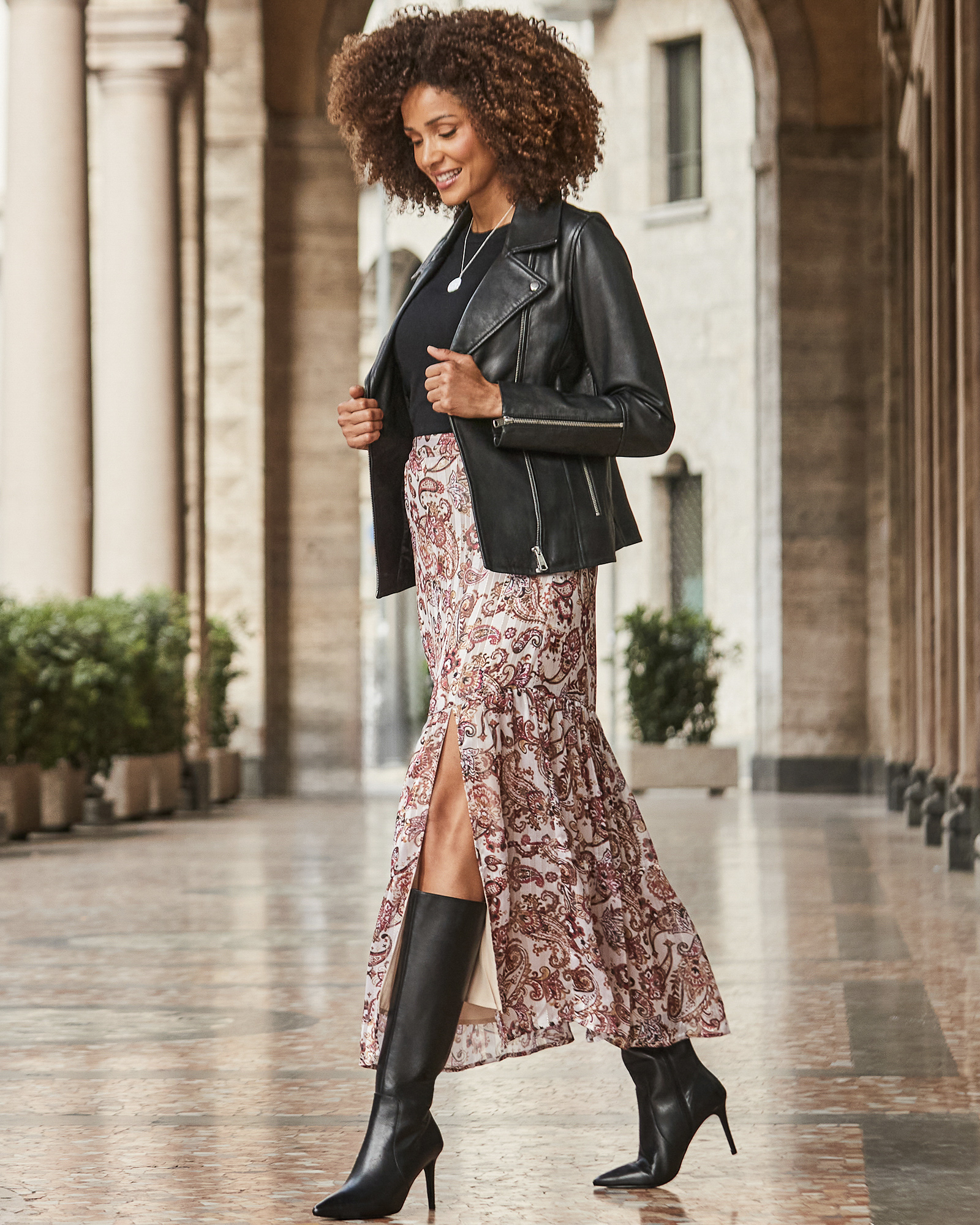 Paisley Print Metallic Stripe Tiered Maxi Skirt