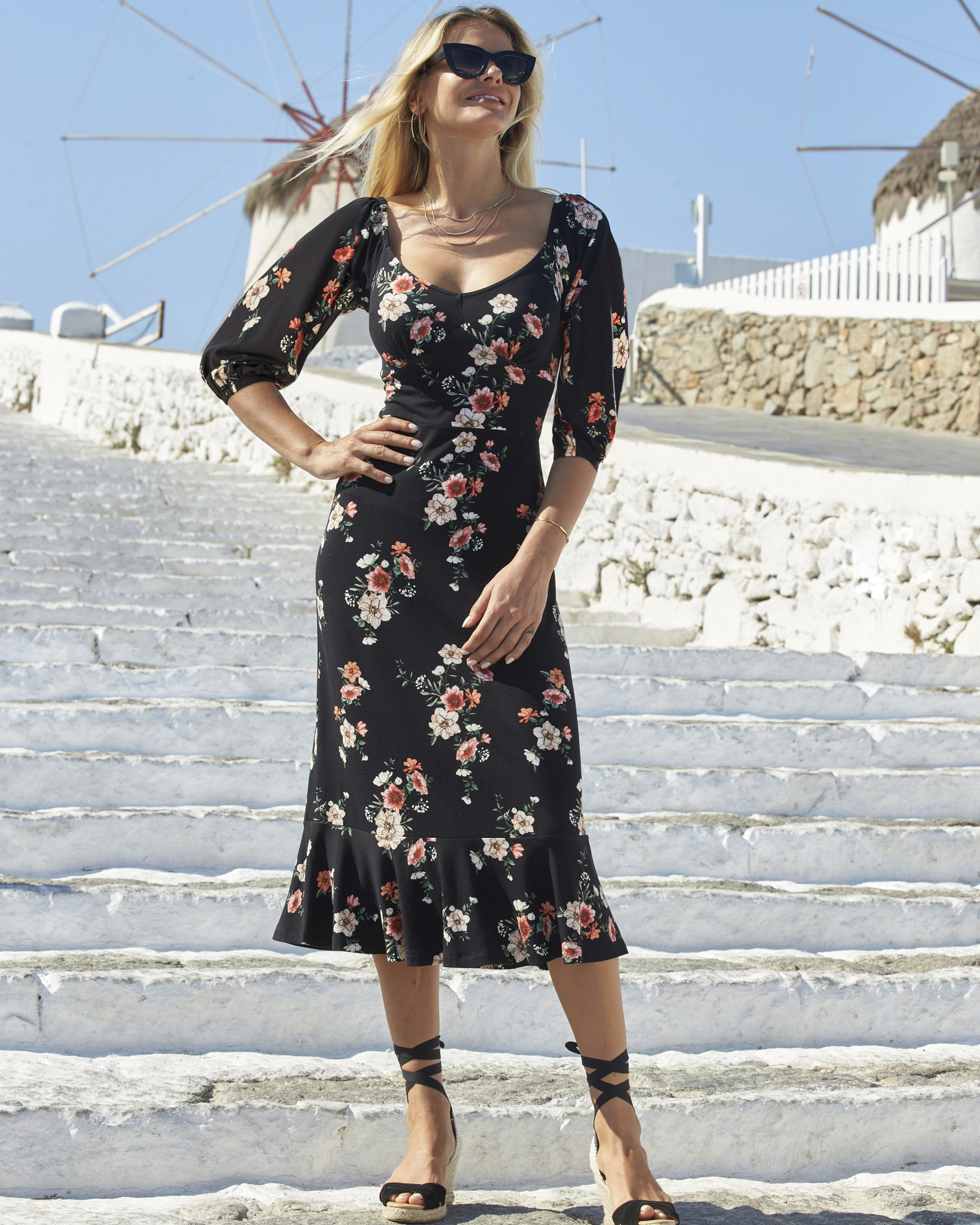 Floral Print Sweetheart Neckline Midi Jersey Dress
