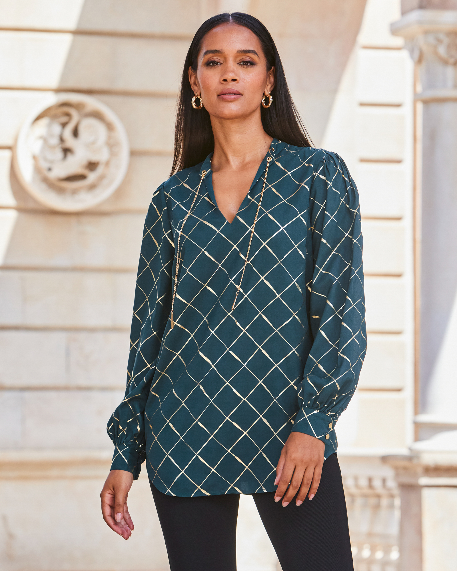 Check Print Chain Lace Up Blouse