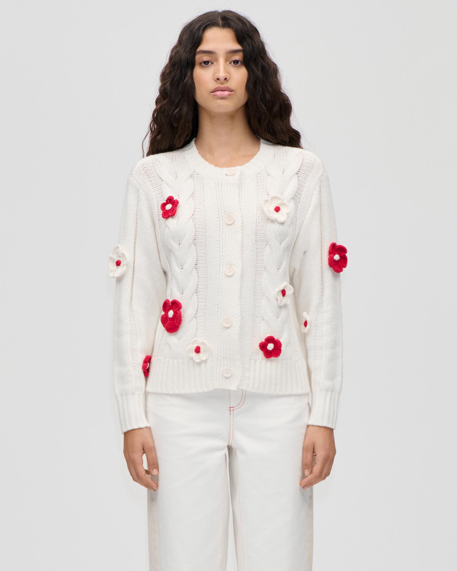 Cotton Wool Yarn Crewneck Cable Cardigan