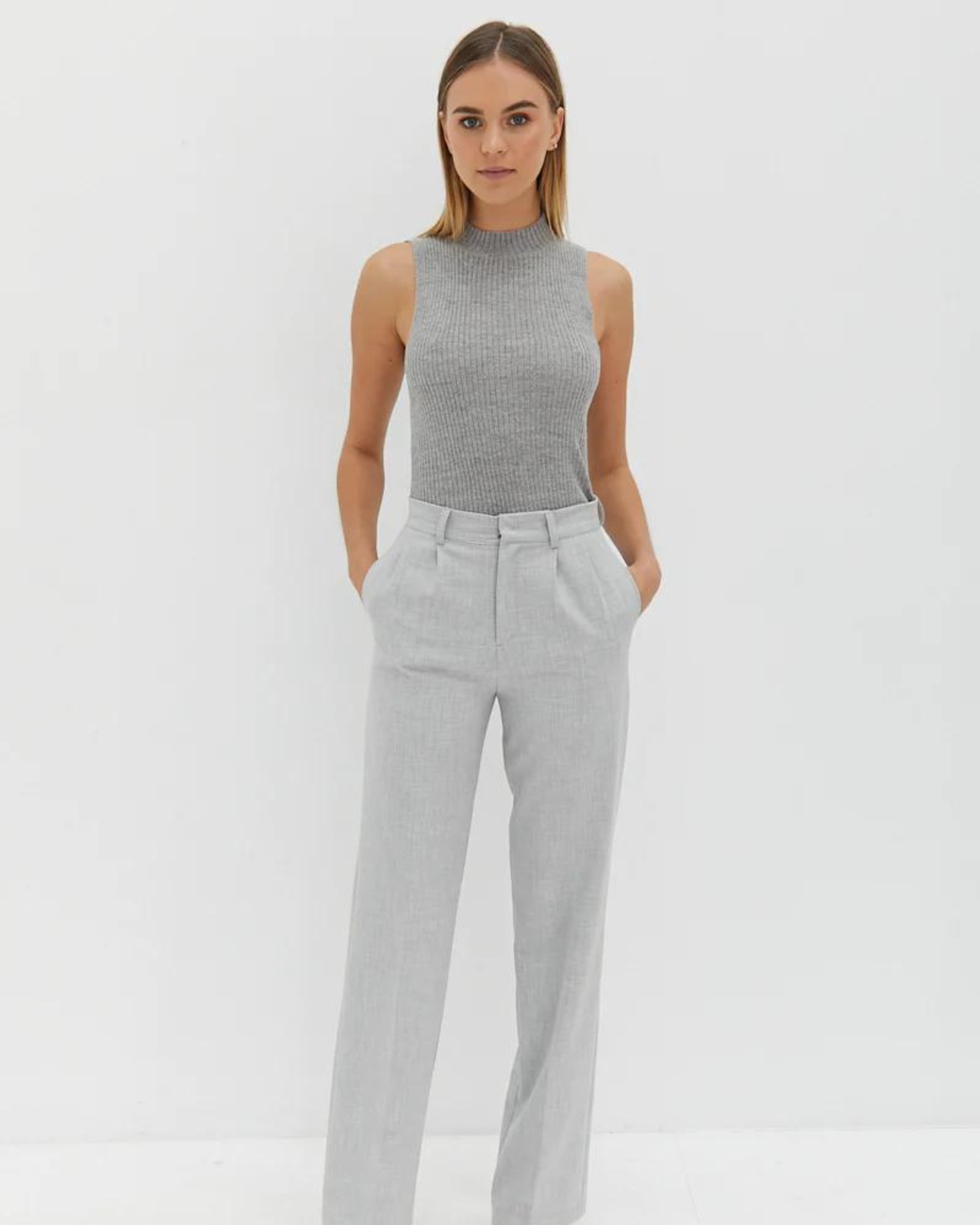 Mock Neck Tie Back Top - Grey