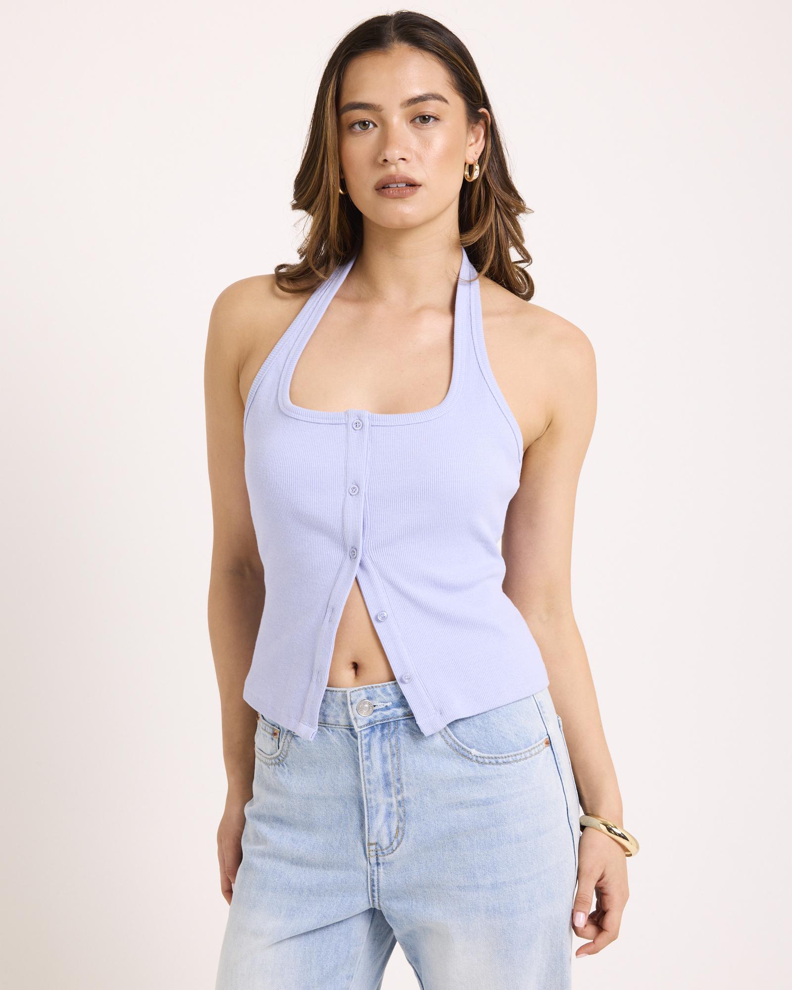 Saga Rib Button Halter Tank