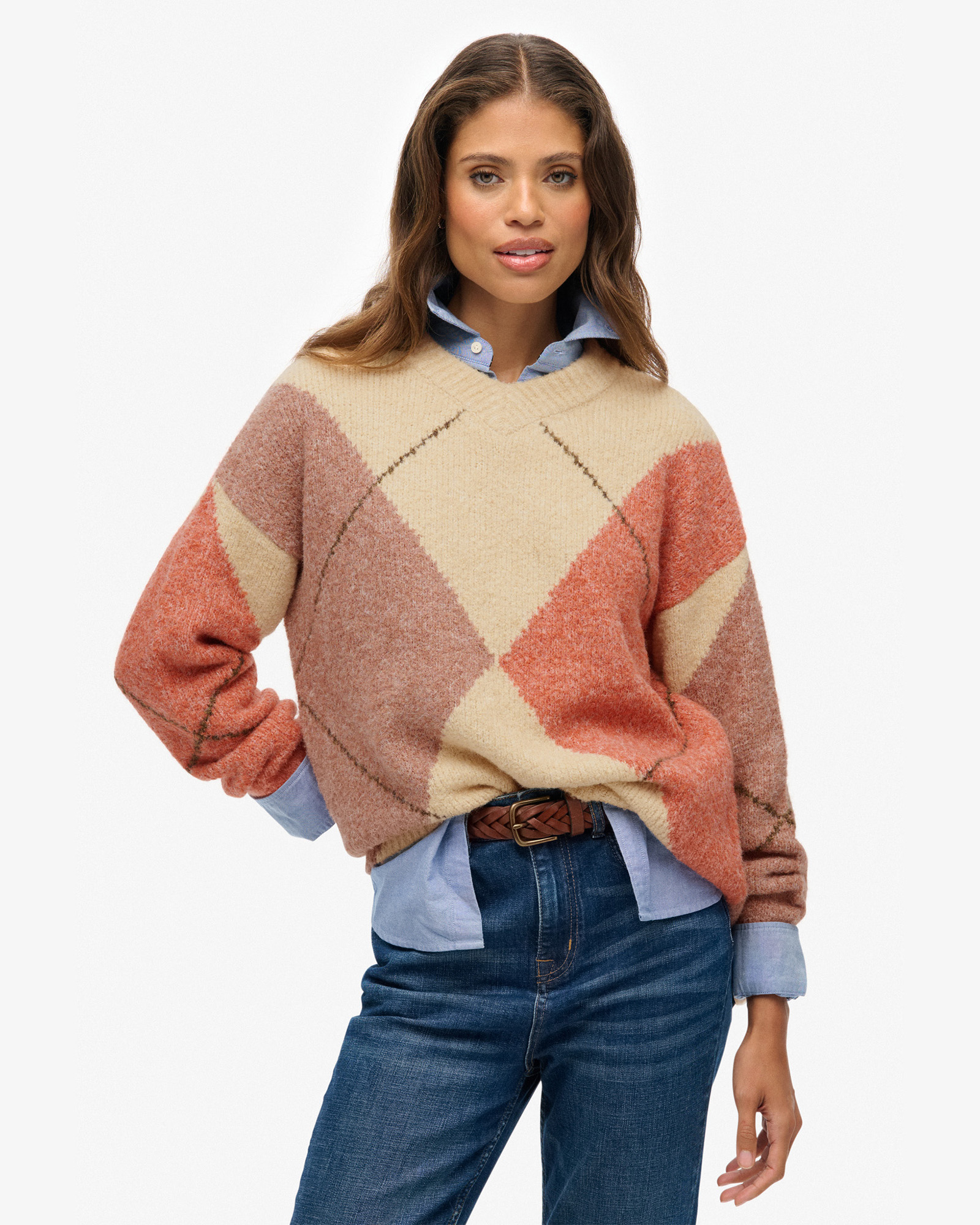 Oversized Argyle V Neck Jumper
