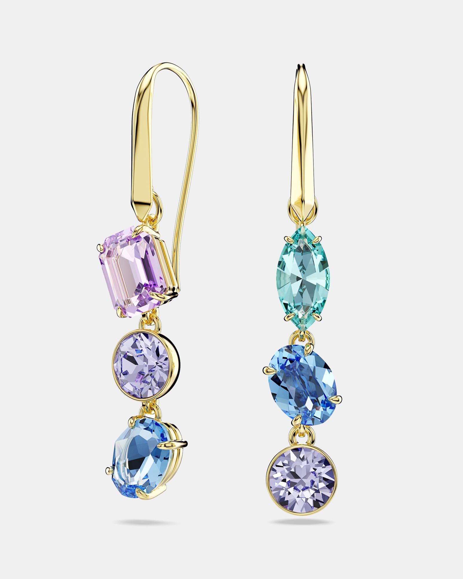 Gema drop earrings, Asymmetrical design, Mixed cuts, Multicolored, 18K gold finish