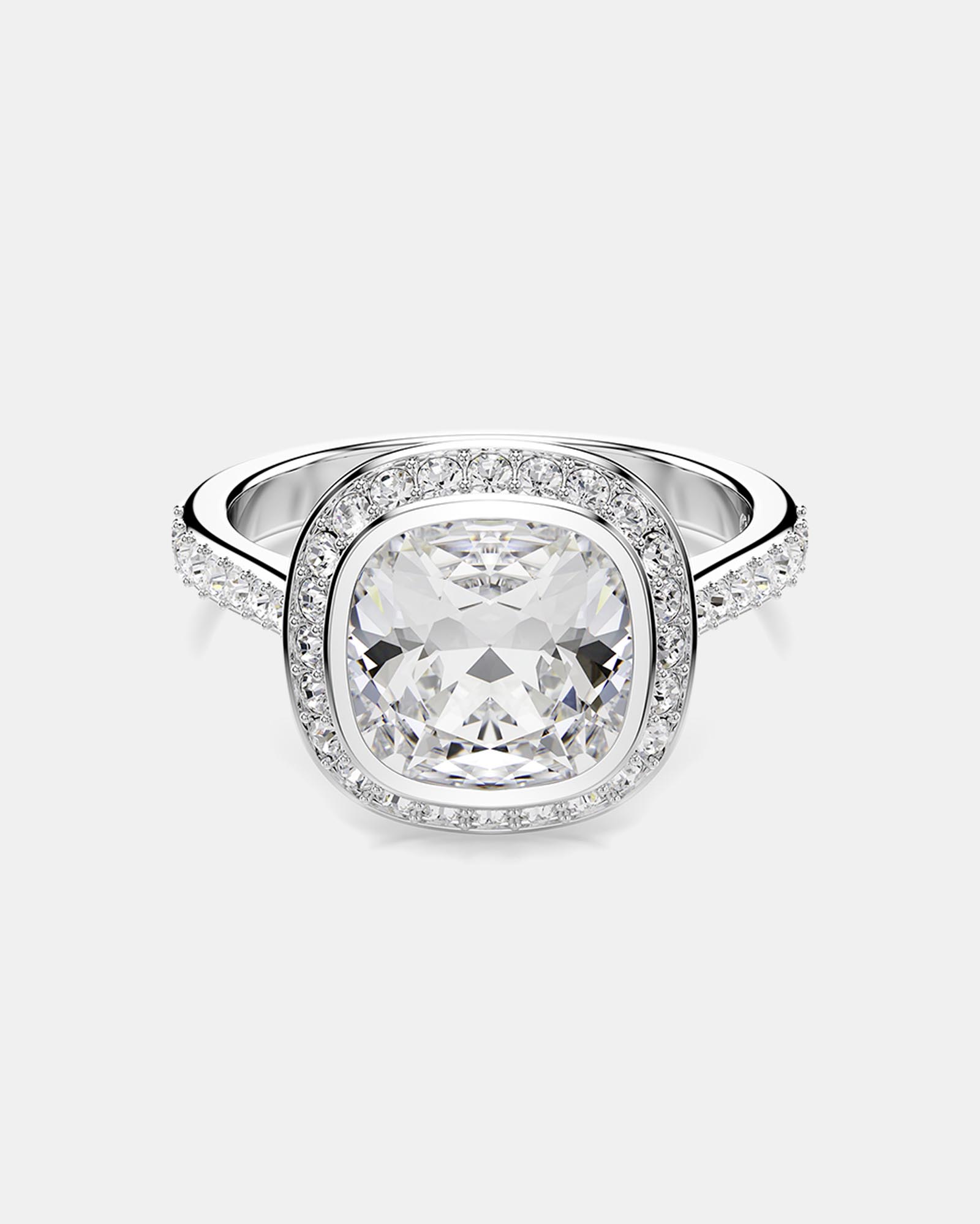 Una Angelic halo ring, Cushion cut, White, Rhodium plated