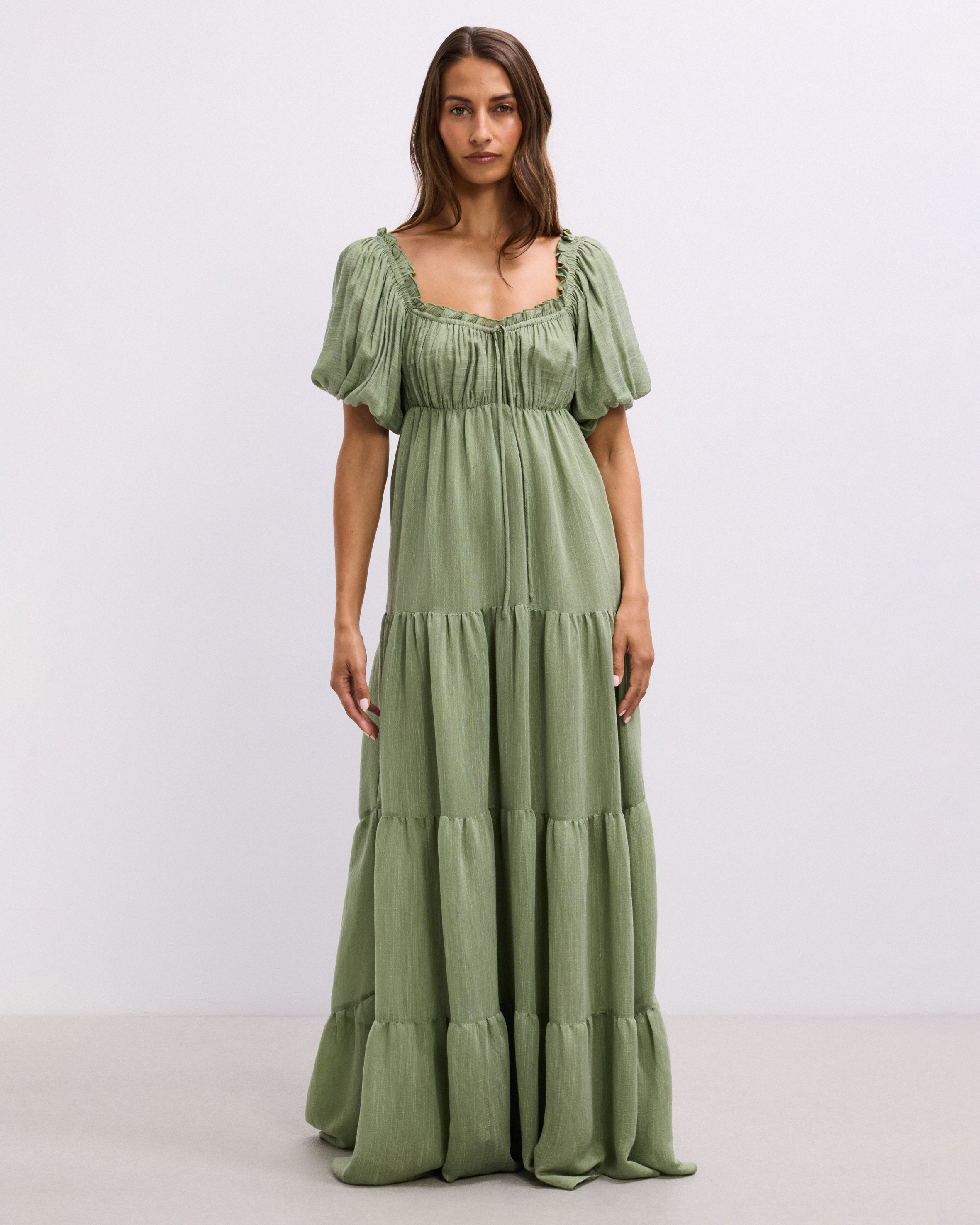Empire Waist Puff Sleeve Tiered Maxi Dress