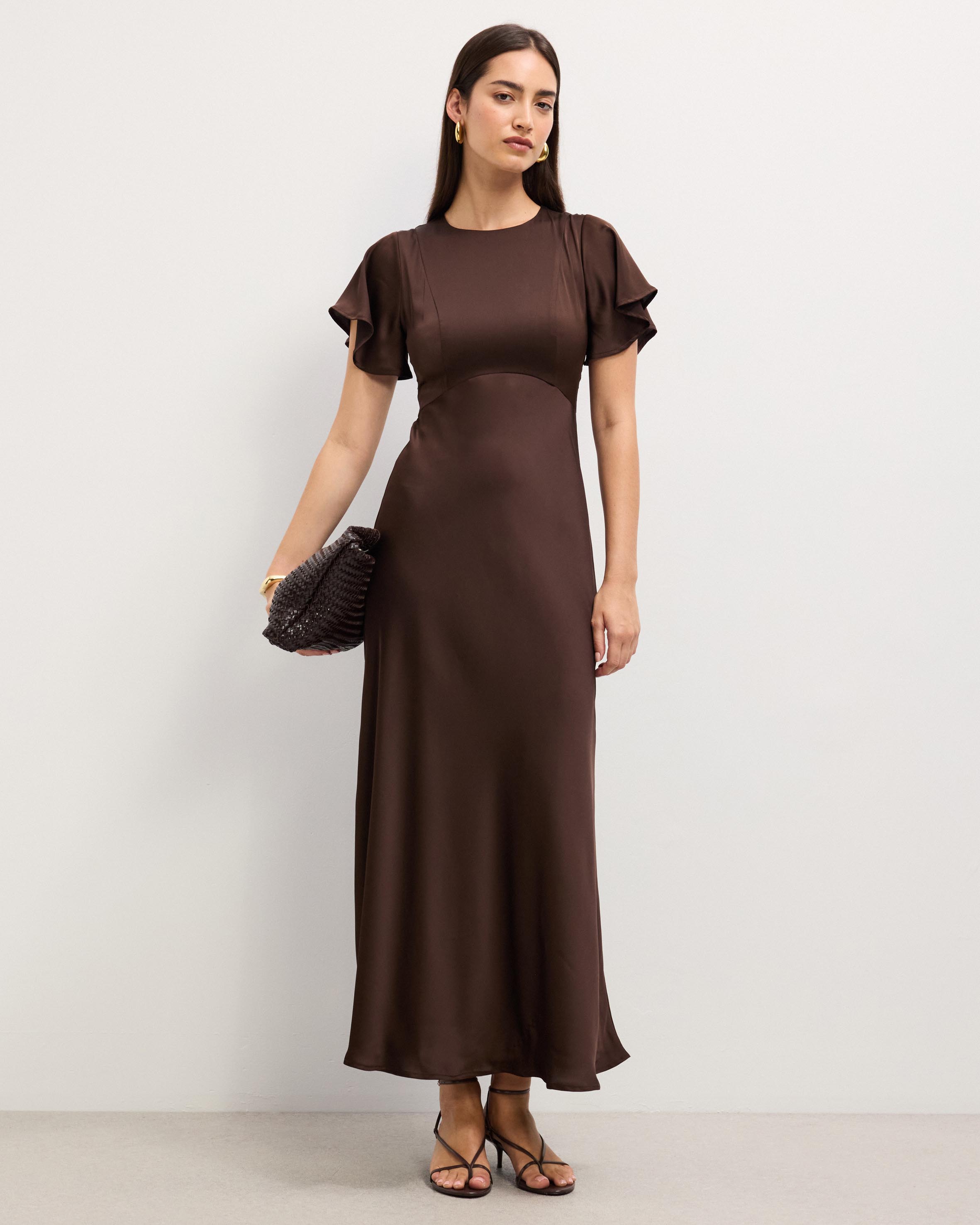 Bella Fluted Sleeve Satin Midi Dress