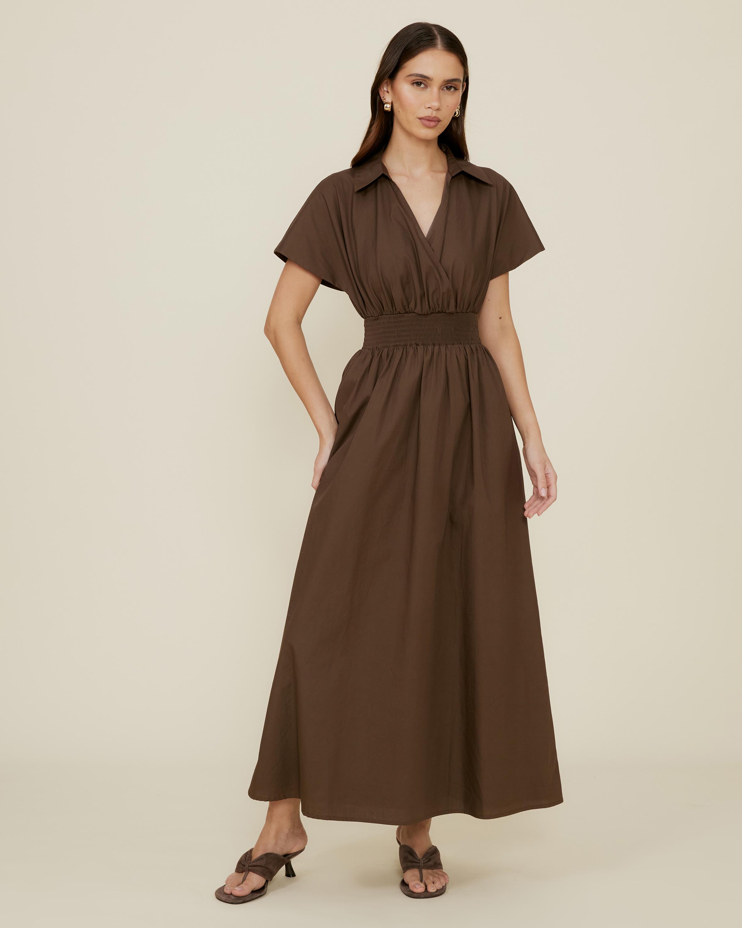 Shirred Drop Waist Collared Dress