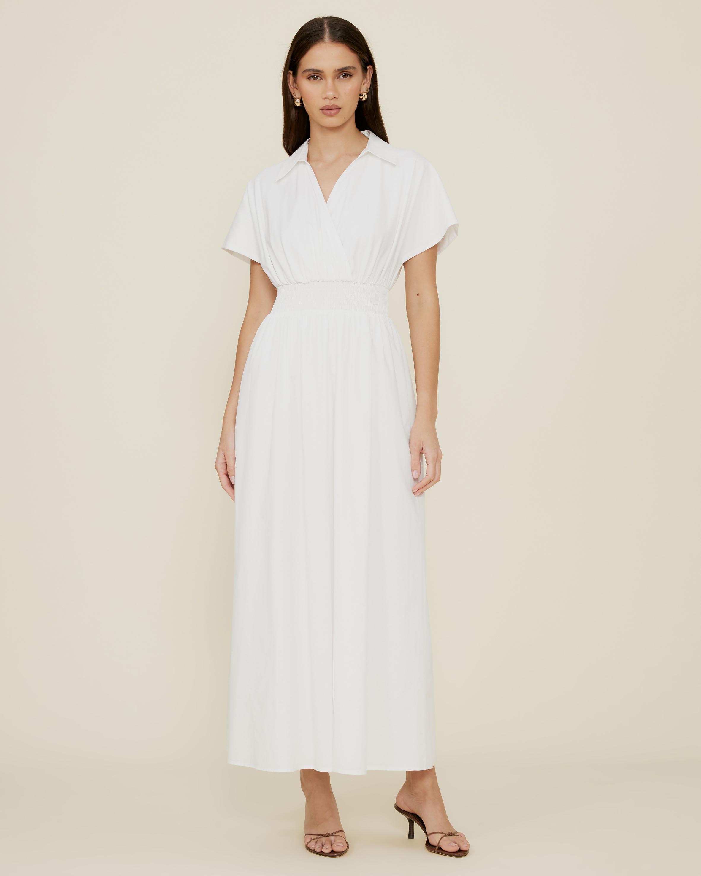 Shirred Drop Waist Collared Dress