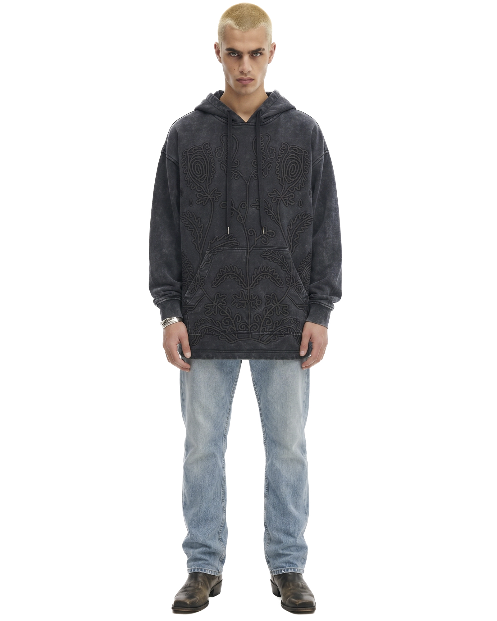 Textured Flower Embroidered Hooded Jacket