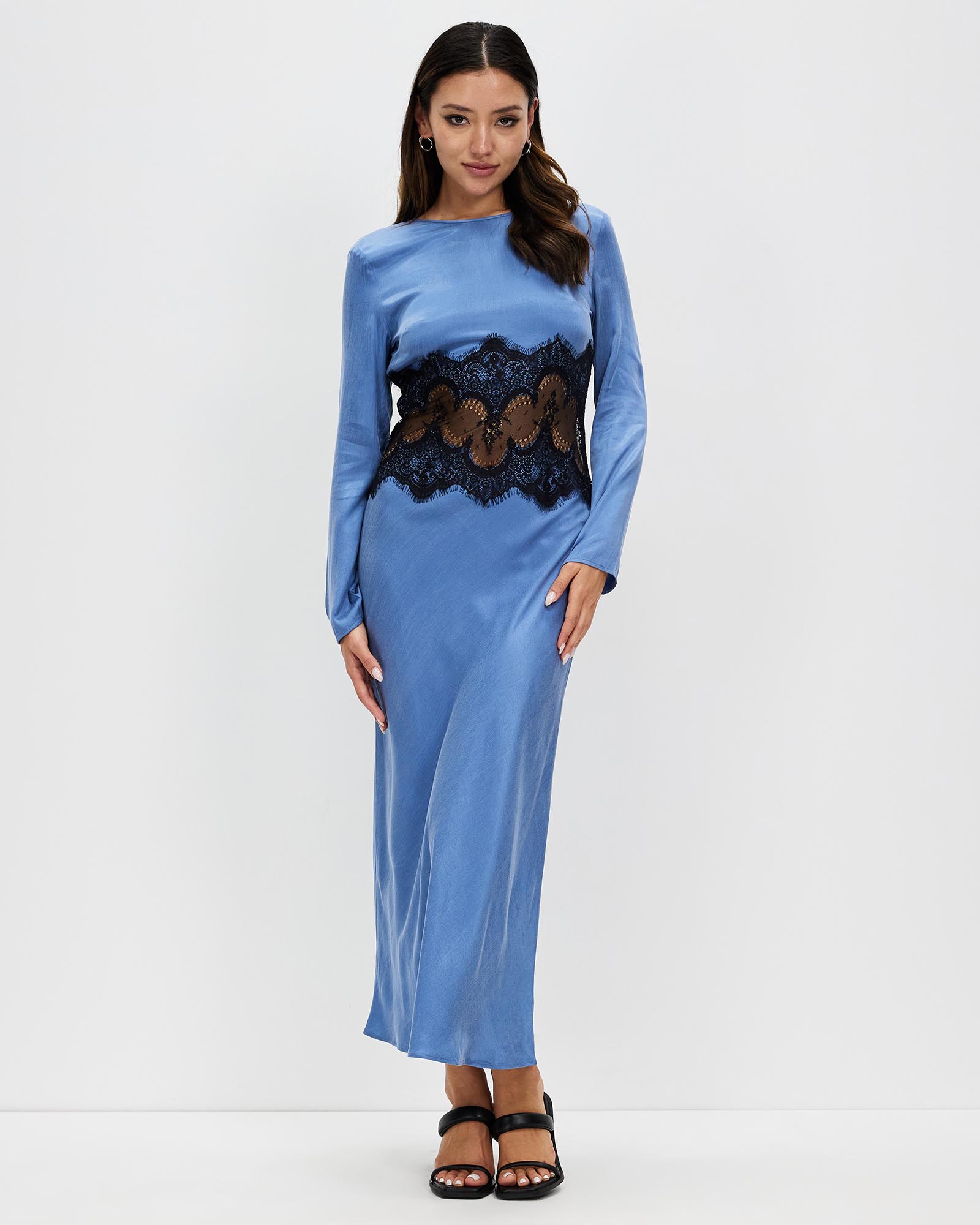 Visions Lace Trim LS Maxi Dress