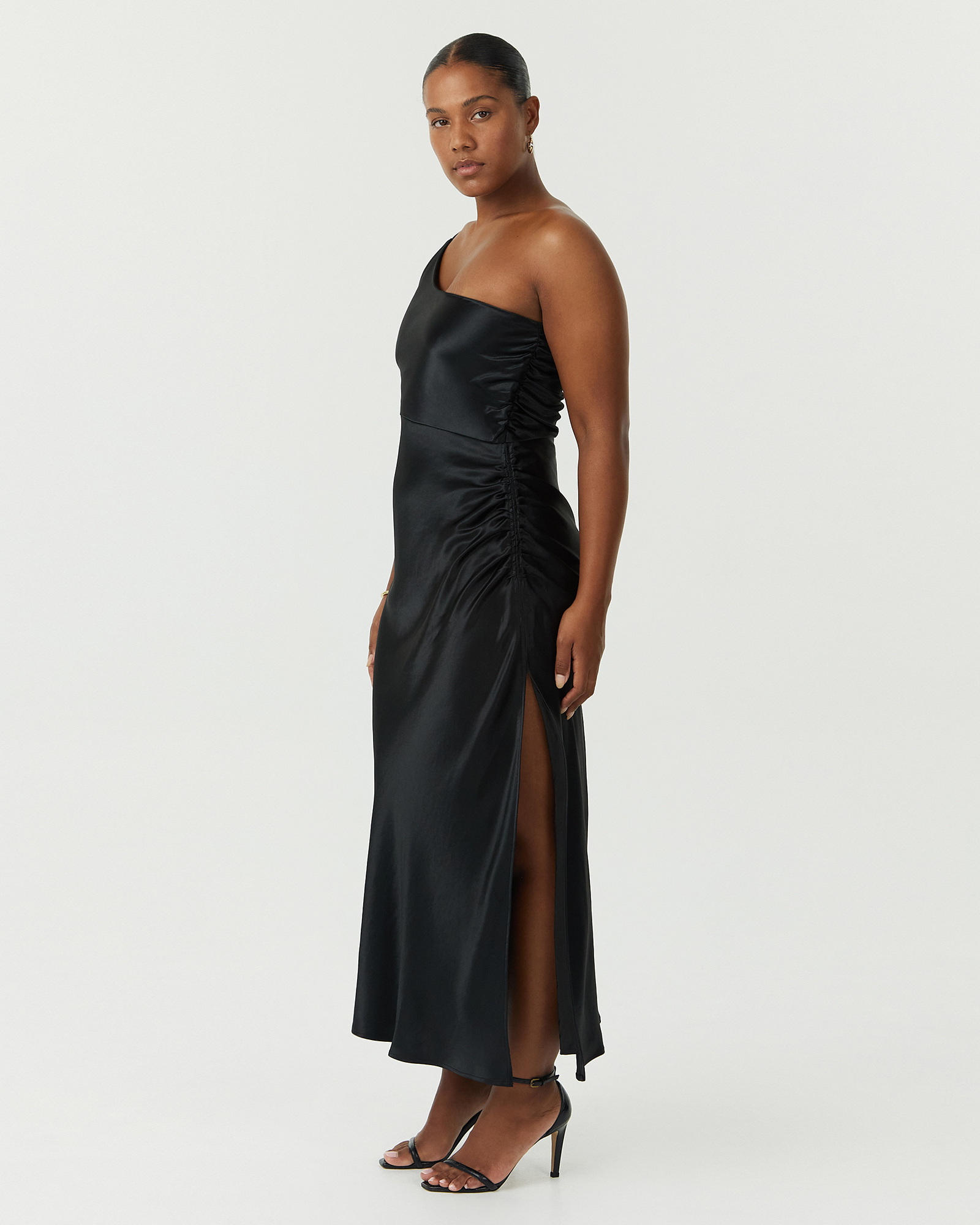 Satin Gather One Shoulder Dress
