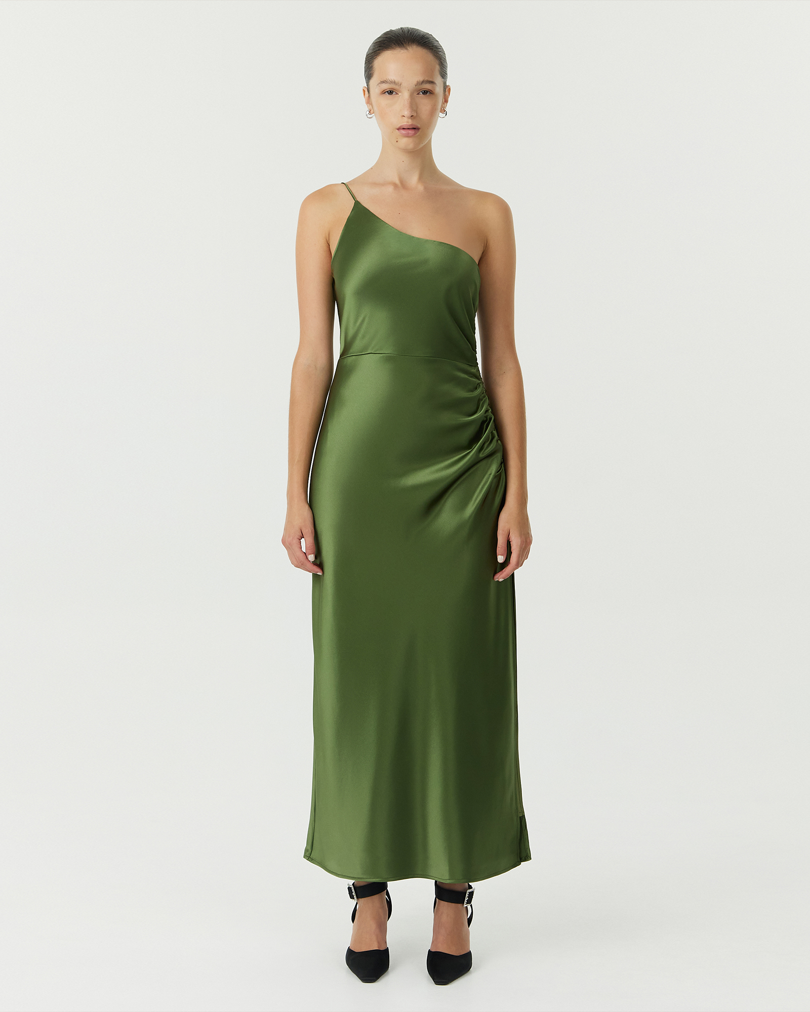 Satin Gather One Shoulder Dress