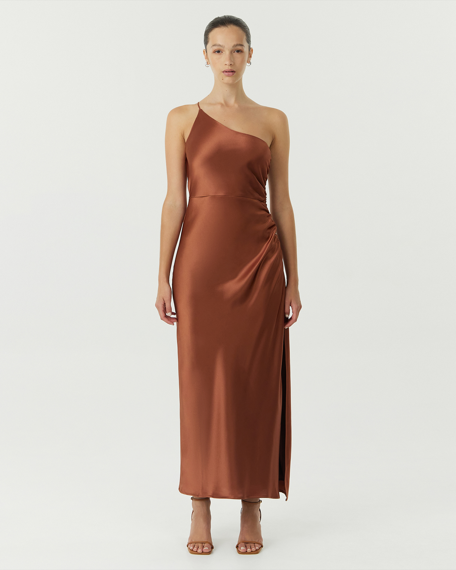 Satin Gather One Shoulder Dress