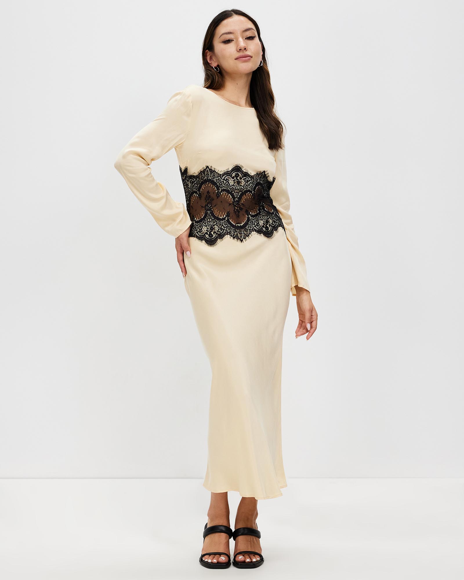 Visions Lace Trim LS Maxi Dress