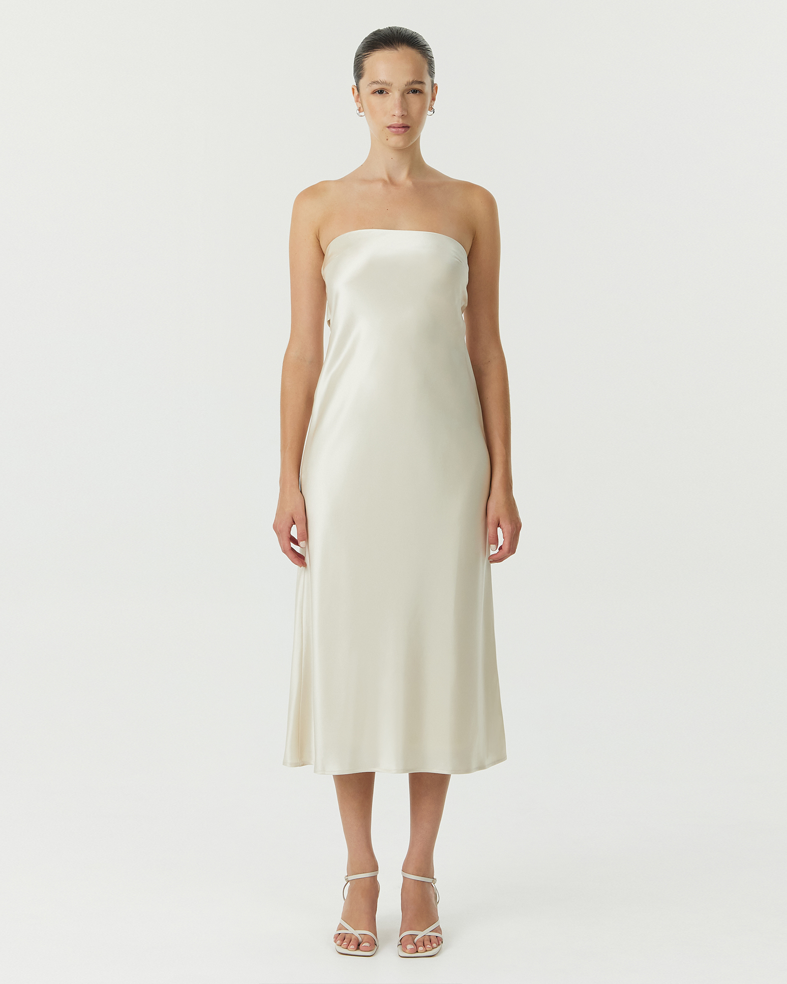 Satin Tie Back Strapless Midi Dress