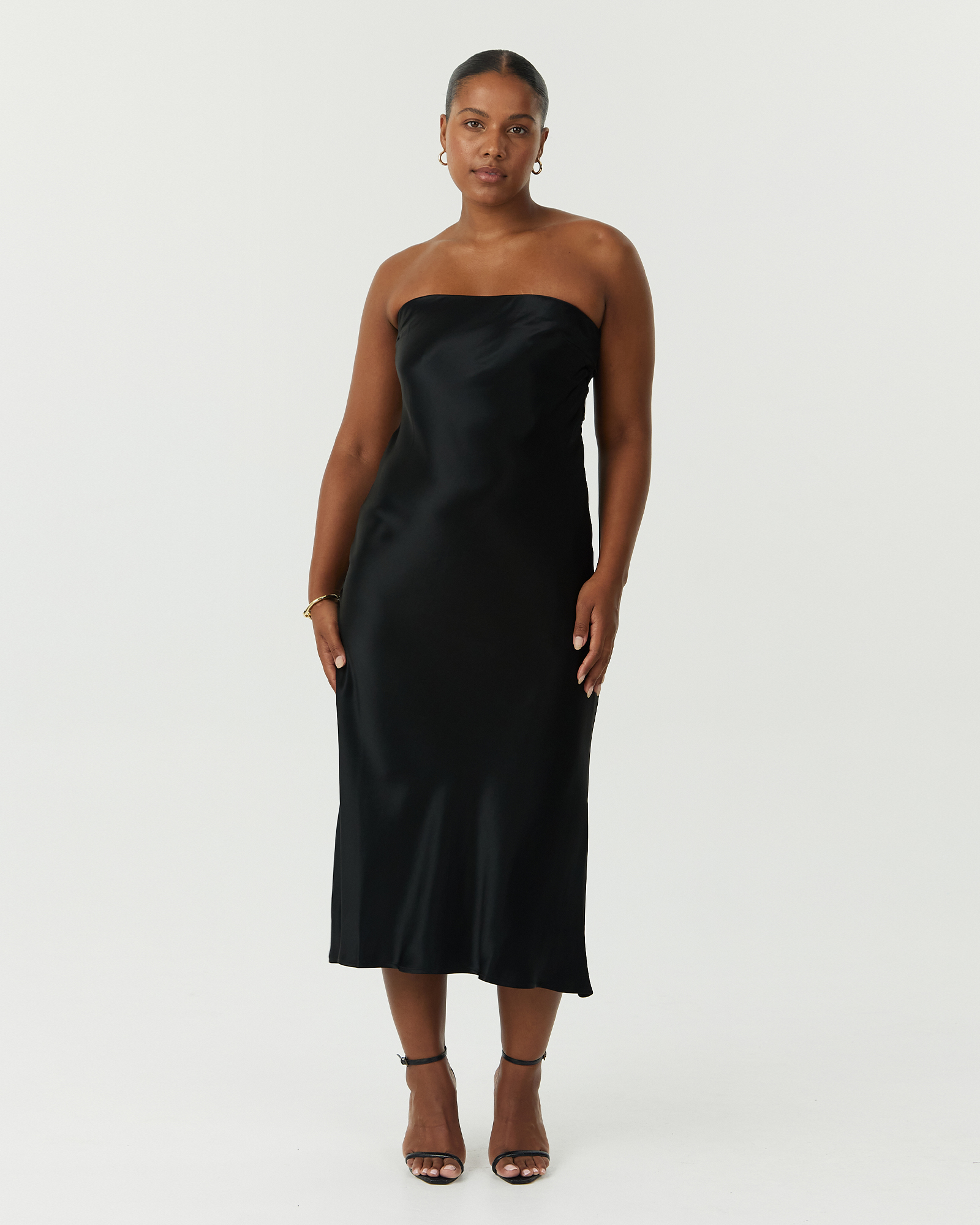 Satin Tie Back Strapless Midi Dress