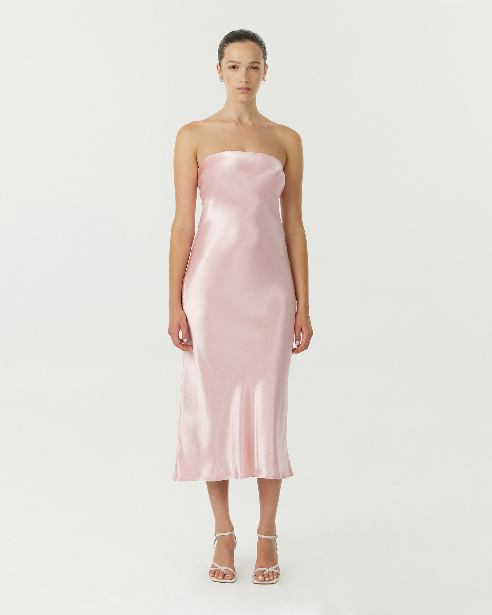 Satin Tie Back Strapless Midi Dress