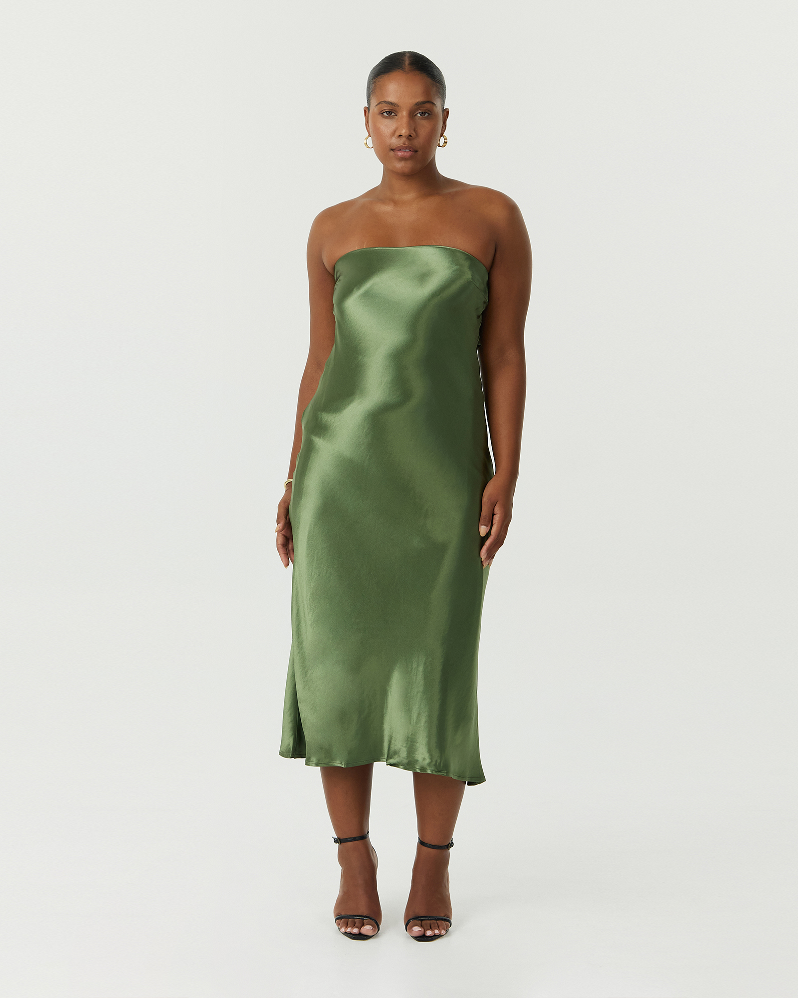 Satin Tie Back Strapless Midi Dress