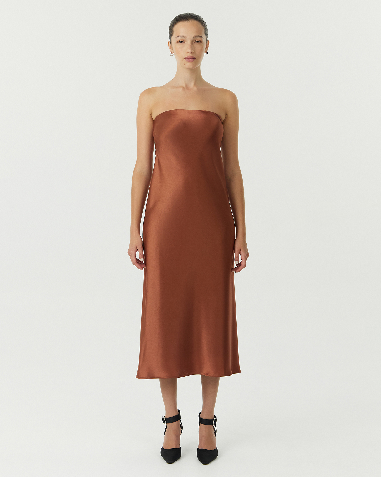 Satin Tie Back Strapless Midi Dress