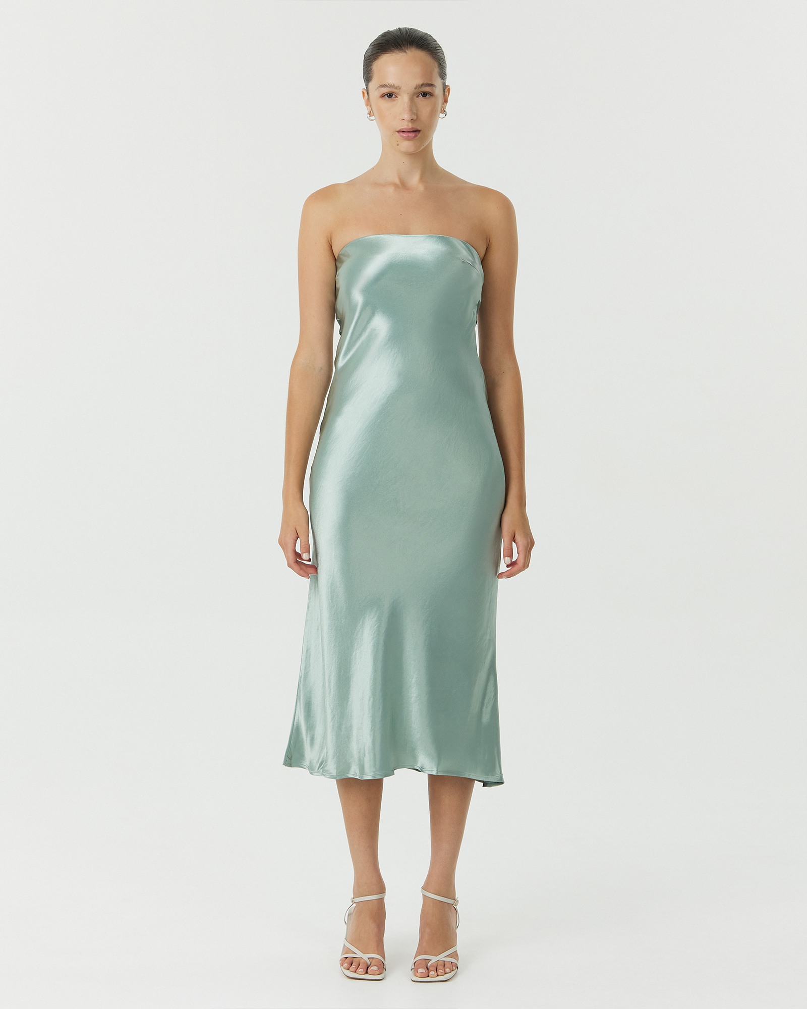 Satin Tie Back Strapless Midi Dress