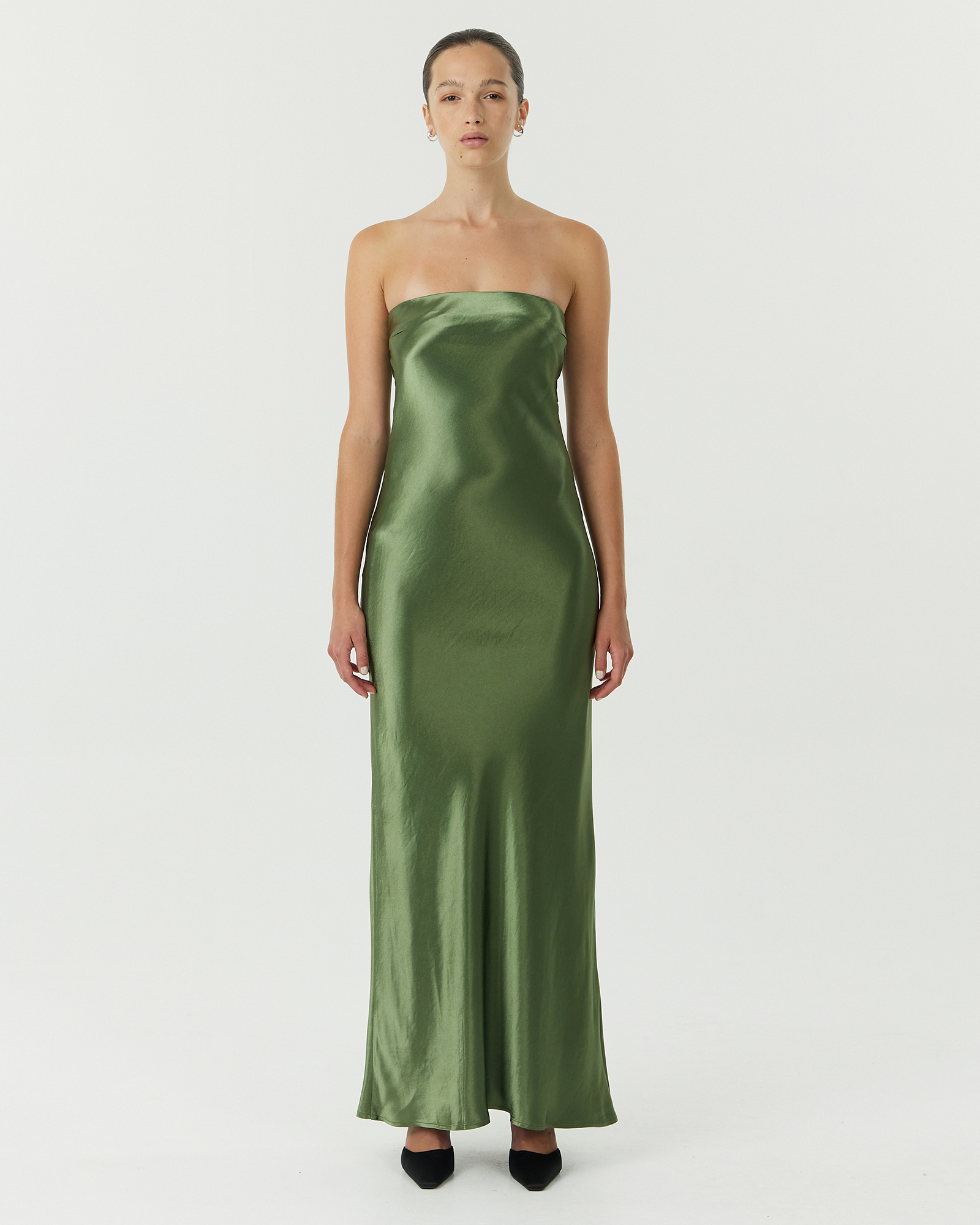 Satin Tie Back Strapless Maxi Dress