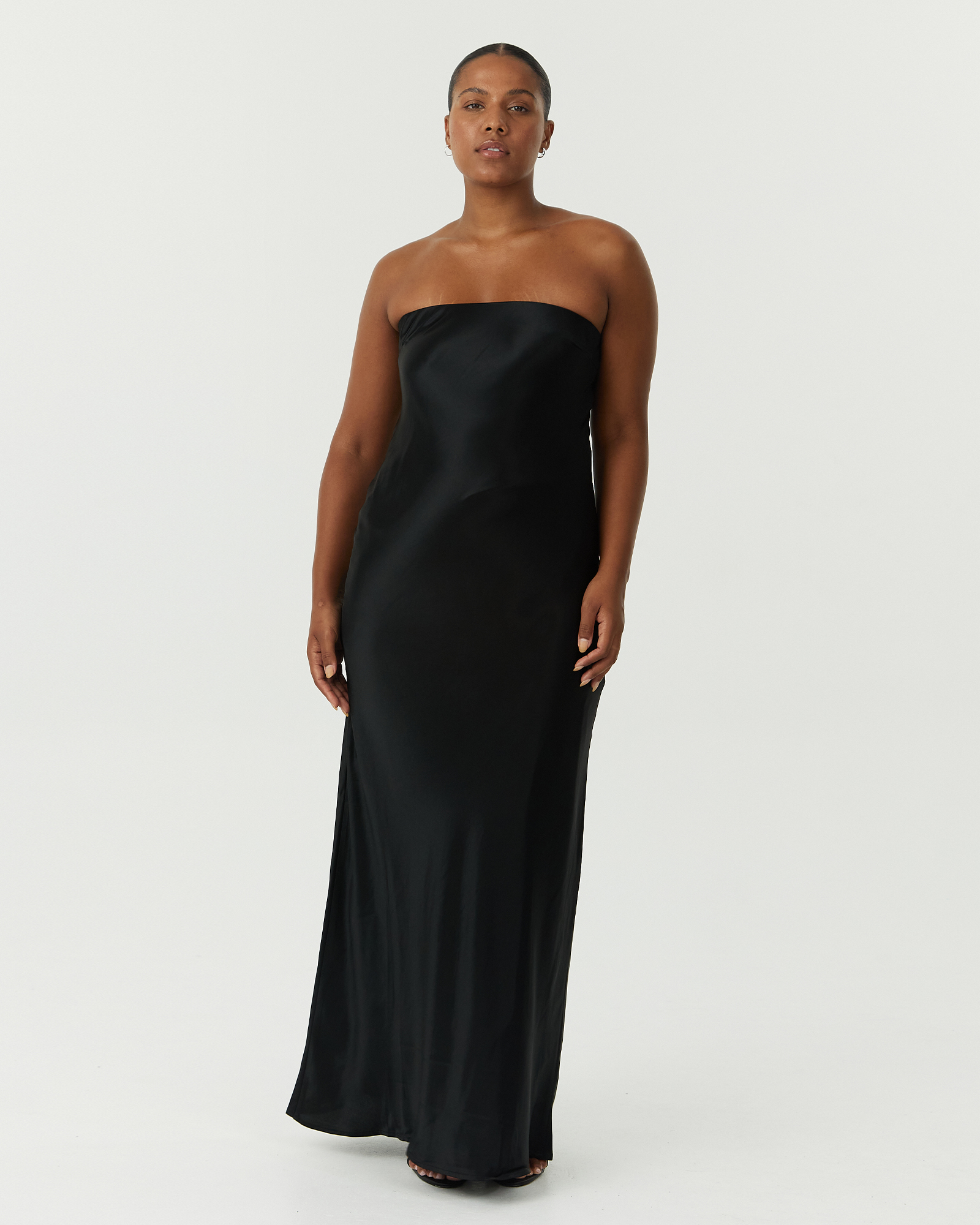 Satin Tie Back Strapless Maxi Dress