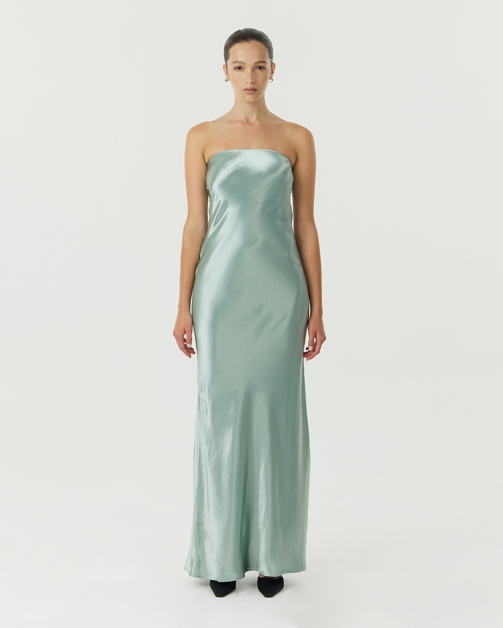 Satin Tie Back Strapless Maxi Dress