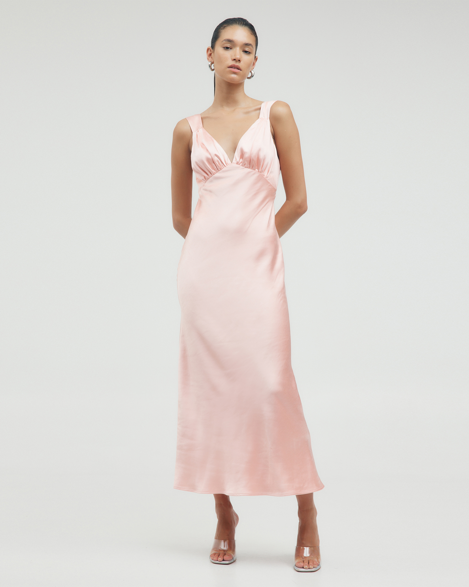 Satin Gather Bra Bias Slip Dress