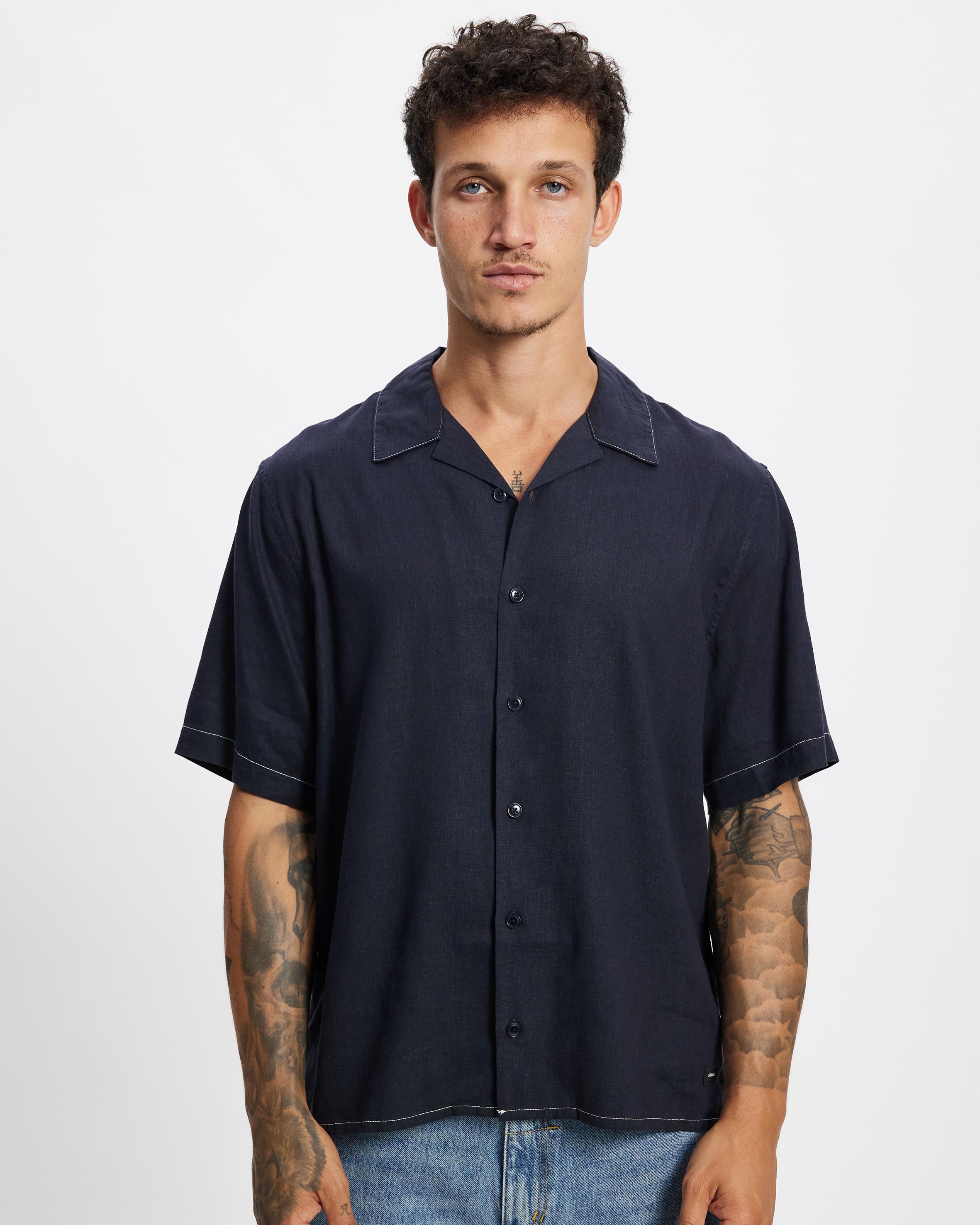 Hemp Minimal Thrills Contrast Stitch Cropped Bowling Shirt