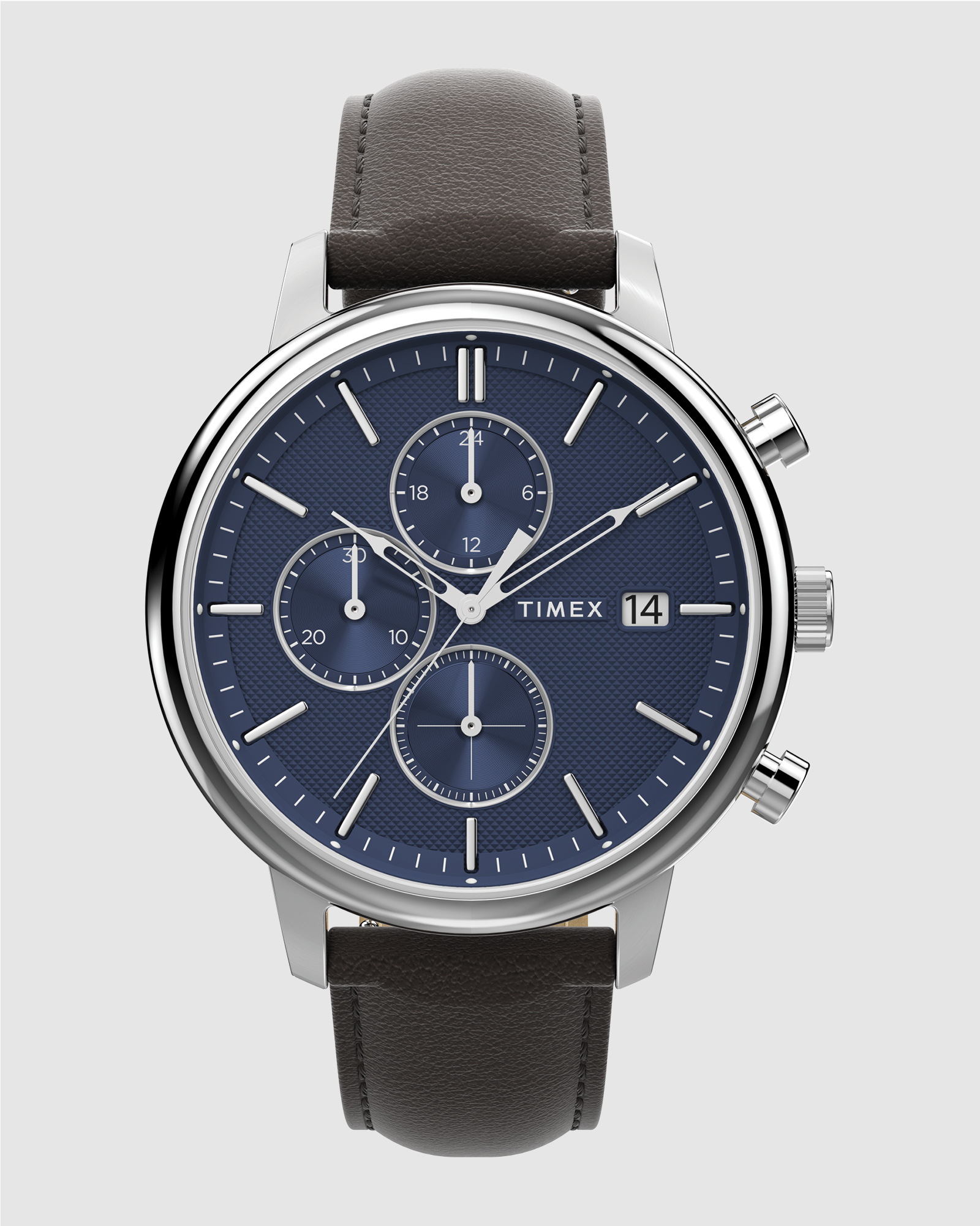 Chicago Chrono 45mm Silver Tone Blue Dial Brown Leather Strap