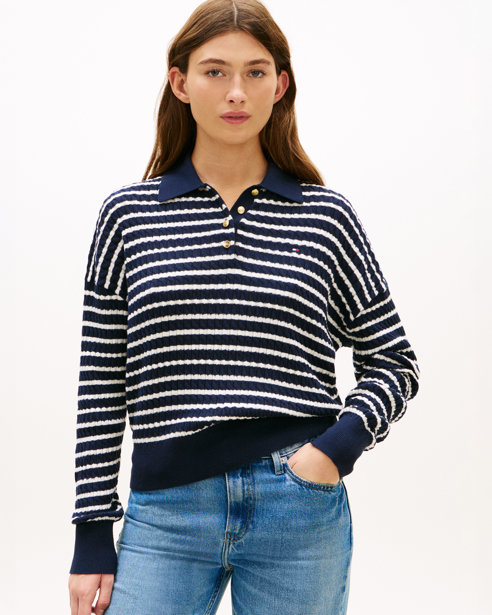 Cable Knit Relaxed Polo Jumper