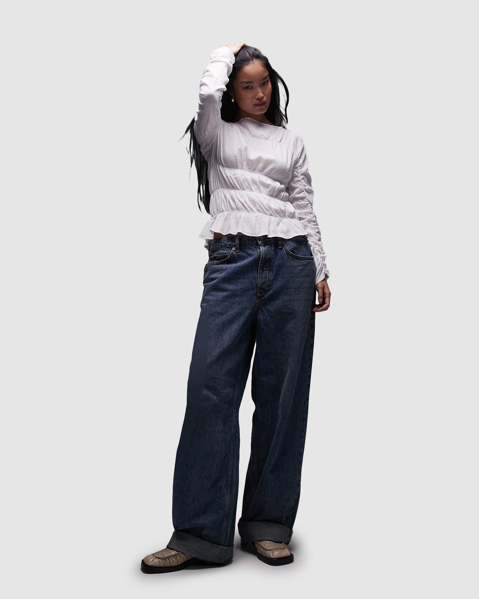 Shirred Slash Neck Top