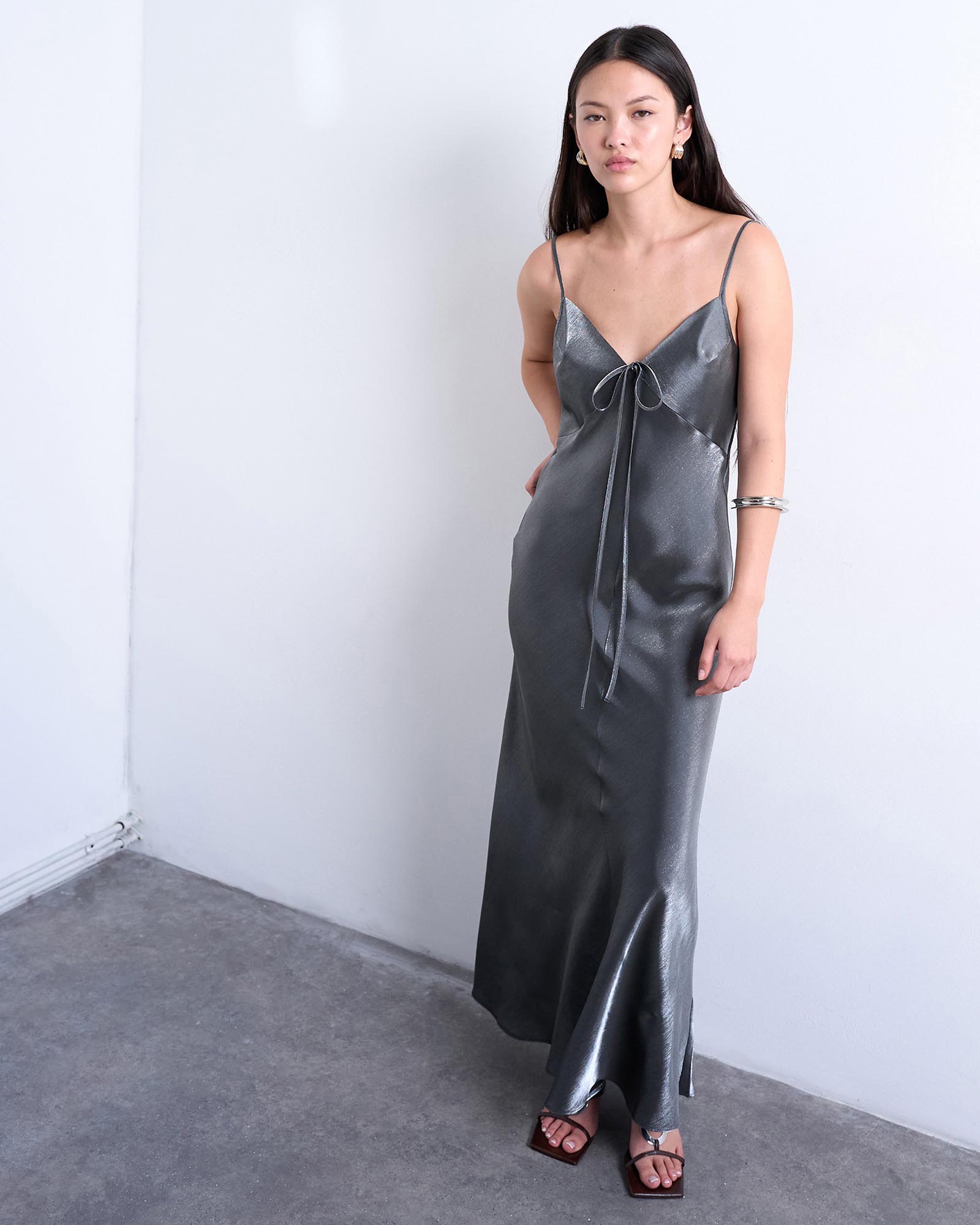 Halter Tie Neck Liquid Metallic Maxi Slip Dress