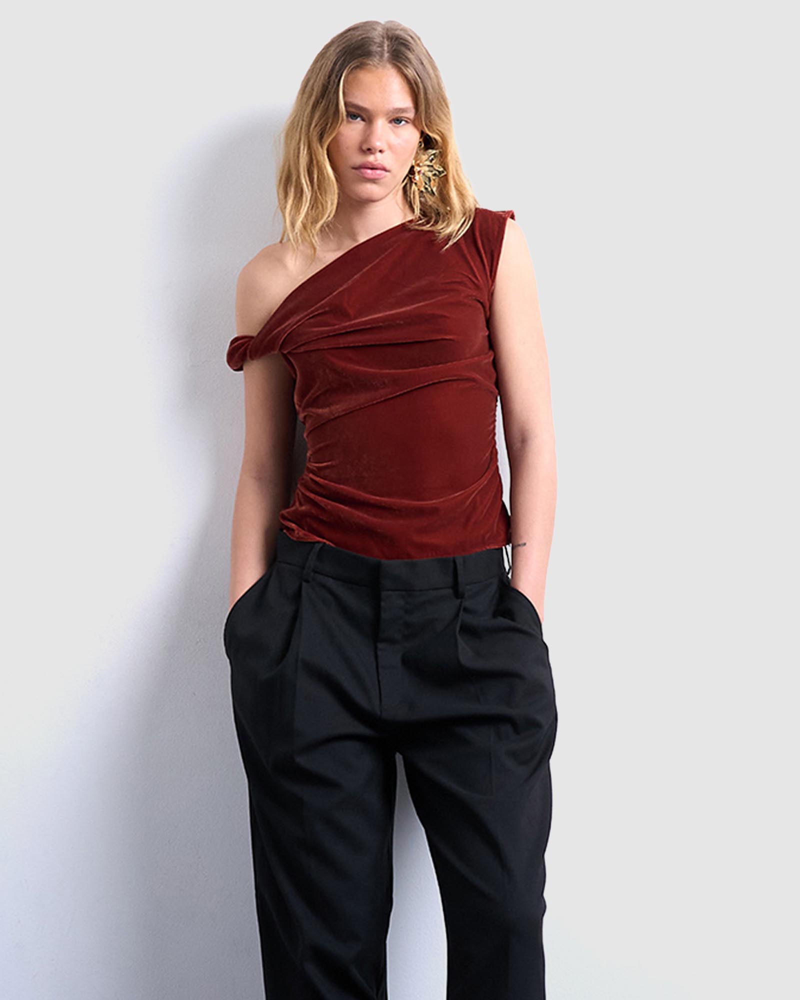 Twist Shoulder Velvet Top