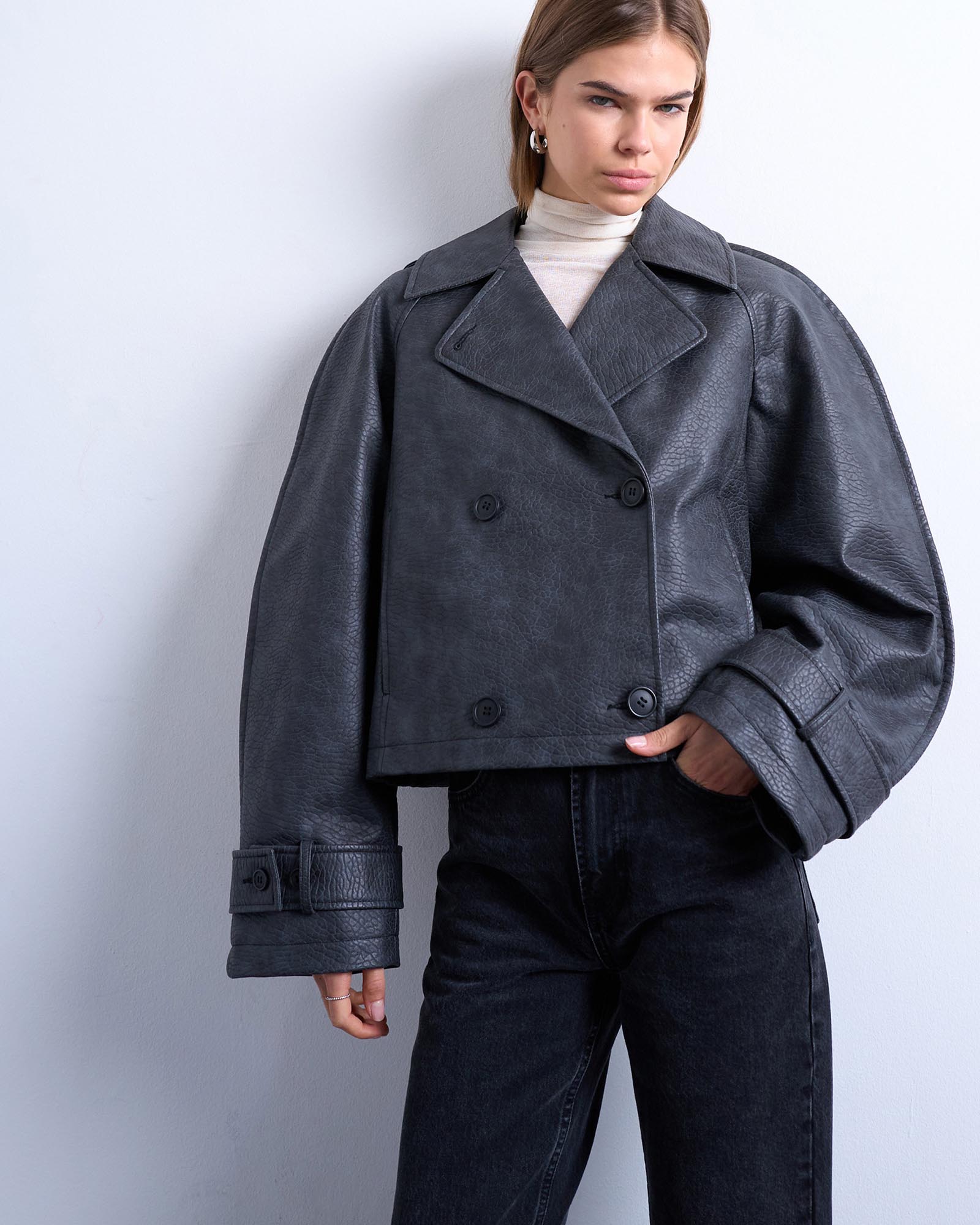 Faux Leather Ovoid Sleeve Short Trench Jacket