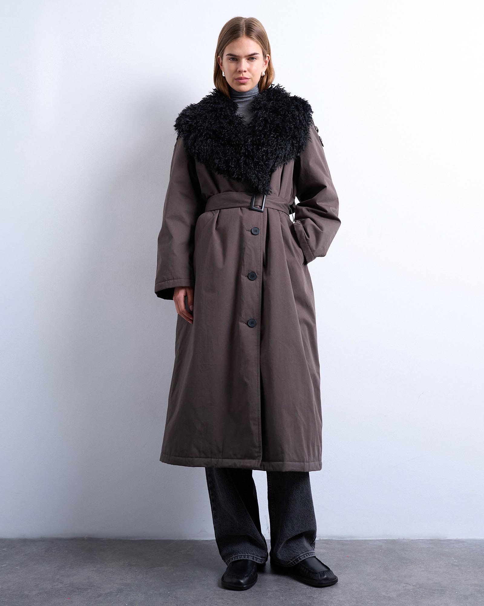 Faux Fur Collar Belted Trench Coat