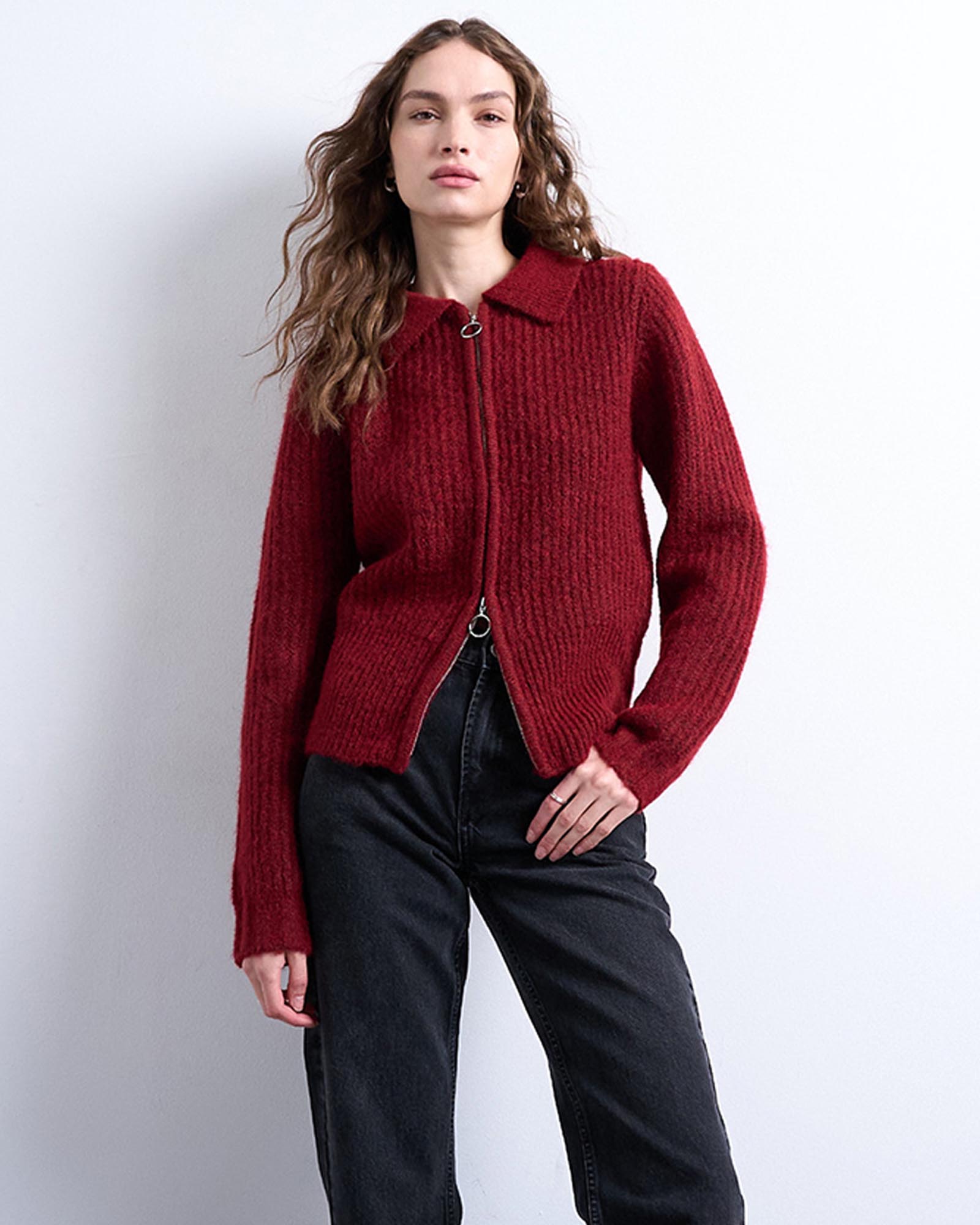 Topshop Knitted Collar Zip Ring Cardigan