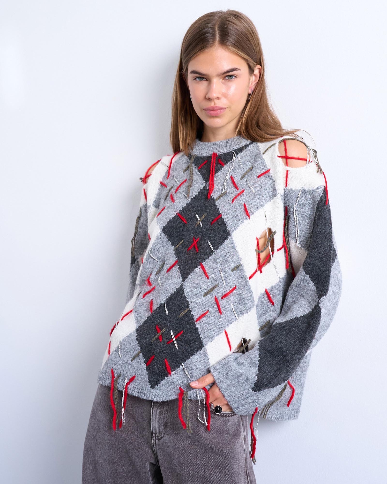 Knitted Argyle Distressed Jumper