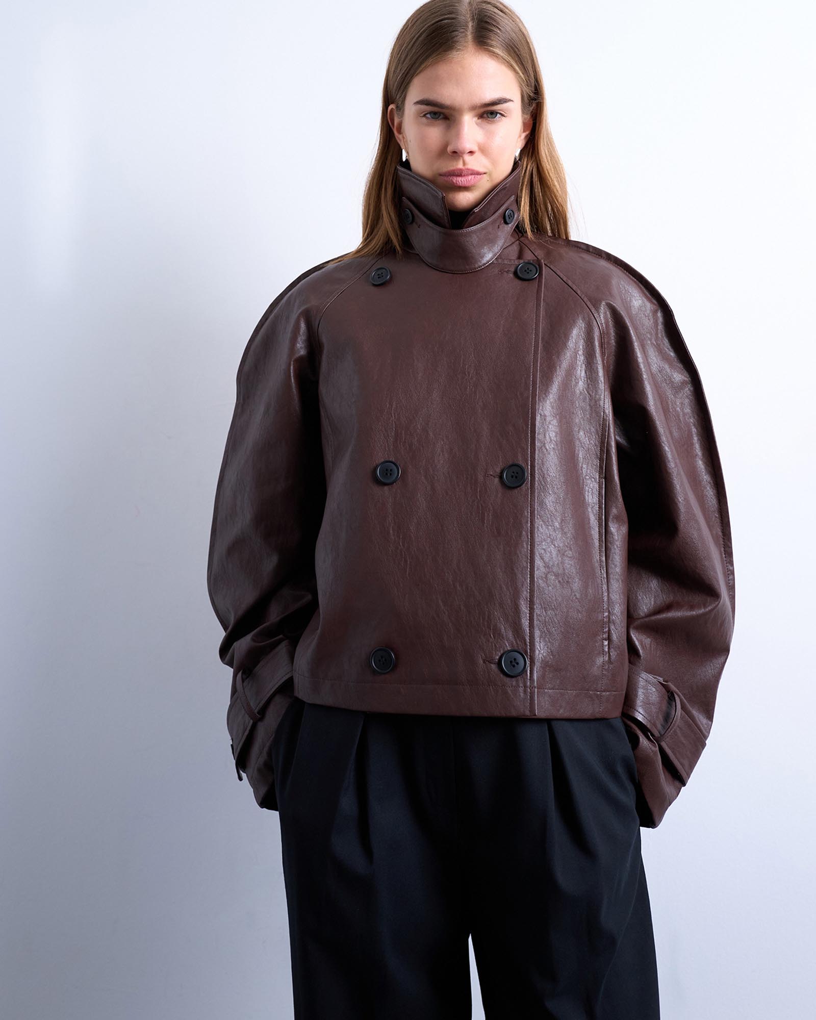 Faux Leather Ovoid Sleeve Short Trench Jacket