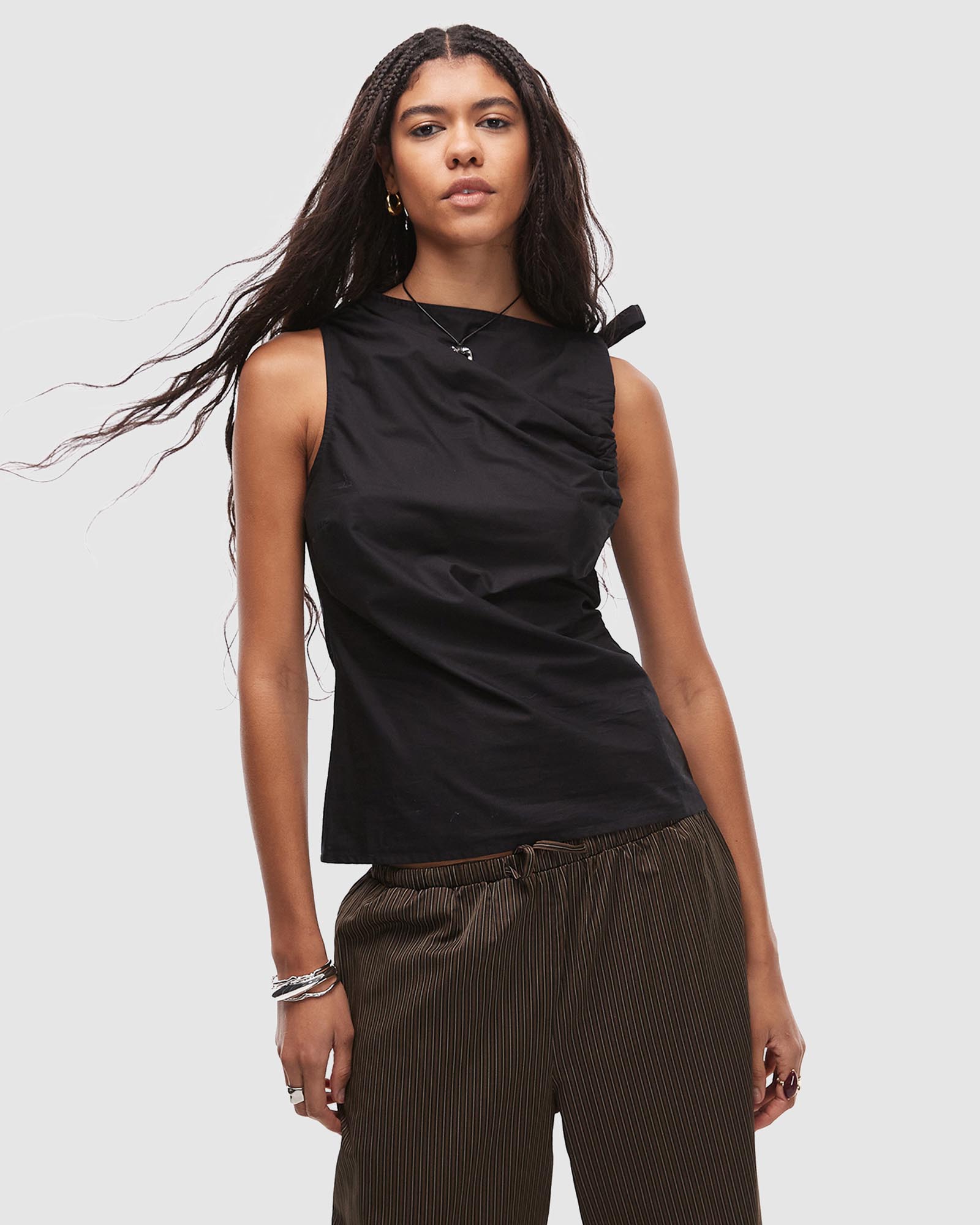 Poplin Ruched-Shoulder Sleeveless Top
