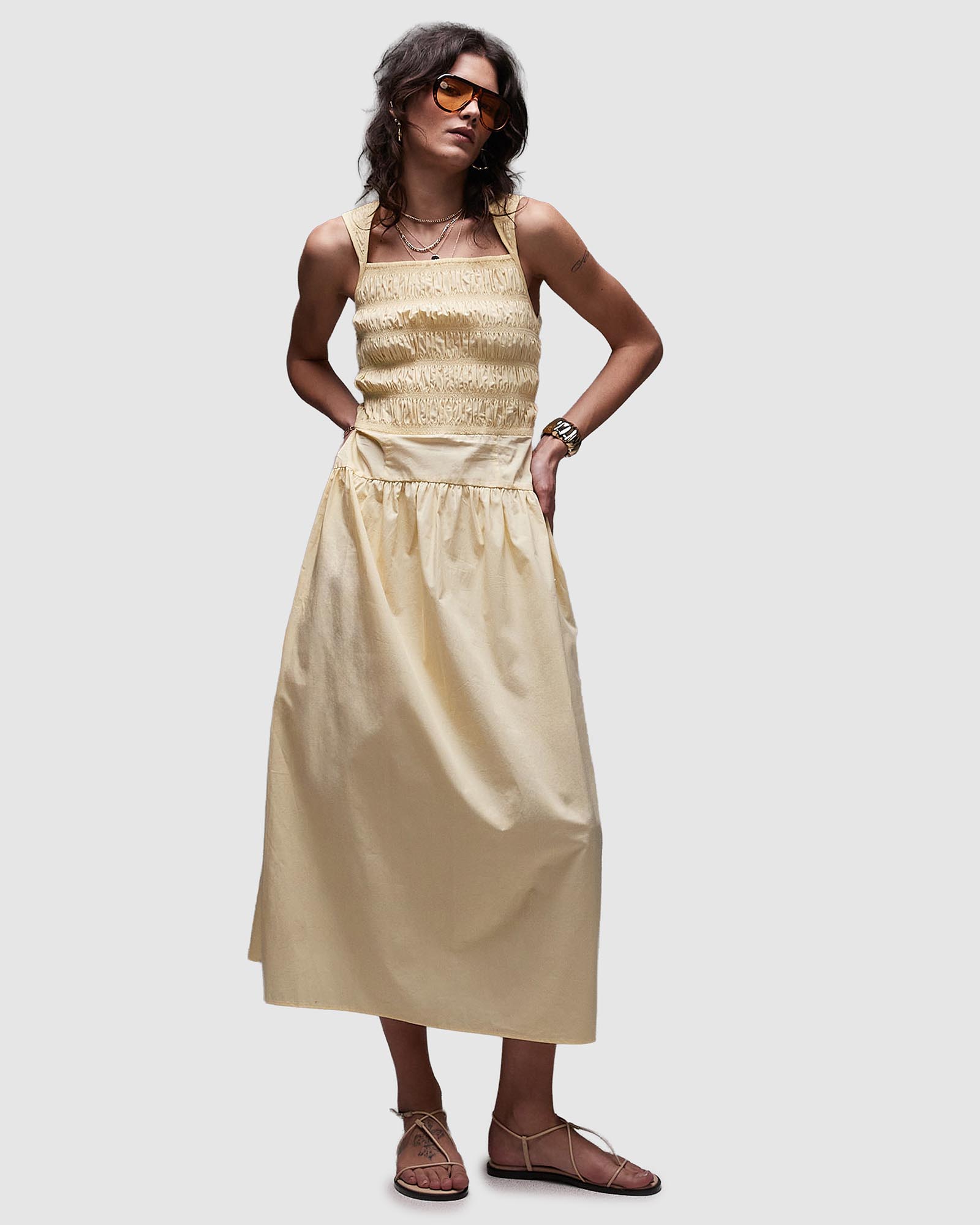 Shirred Bust Dropped Waist Midi Poplin Dress