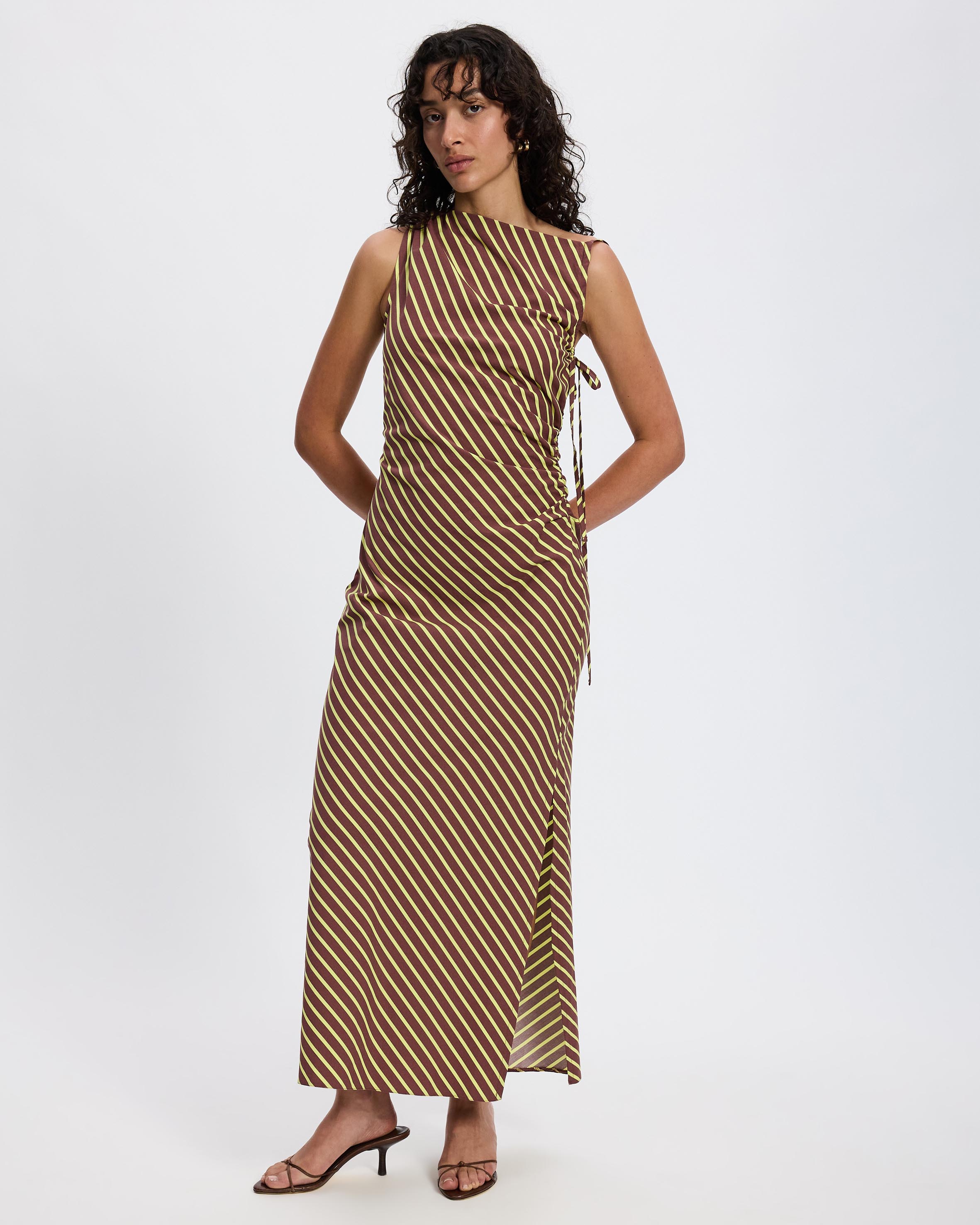Topshop Ruched Side Gathered Shoulder Midi Dress In Brown Lime Stripe